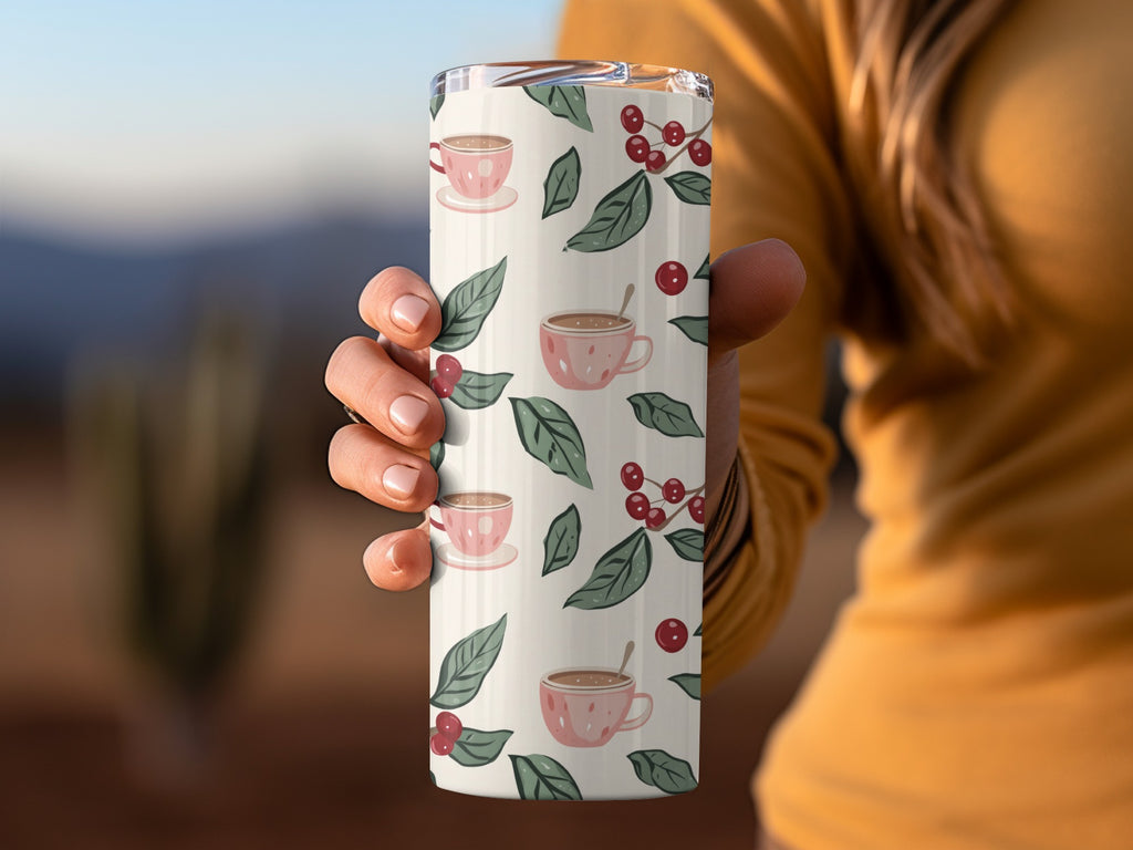 Coffee Lover's Tumbler with Cherry and Leaf Design