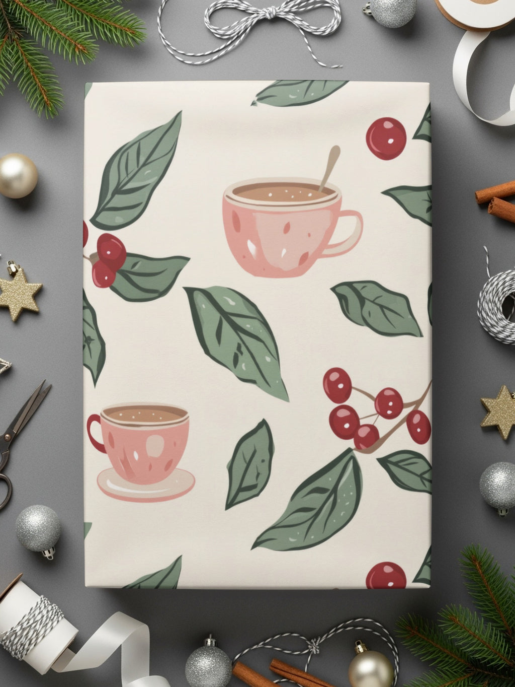 Festive Coffee Cup and Leaf Design Wrapping Paper