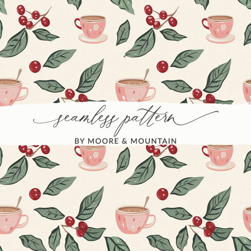 Coffee Cups and Leaves Seamless Pattern Design