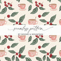 Coffee Cups and Leaves Seamless Pattern Design