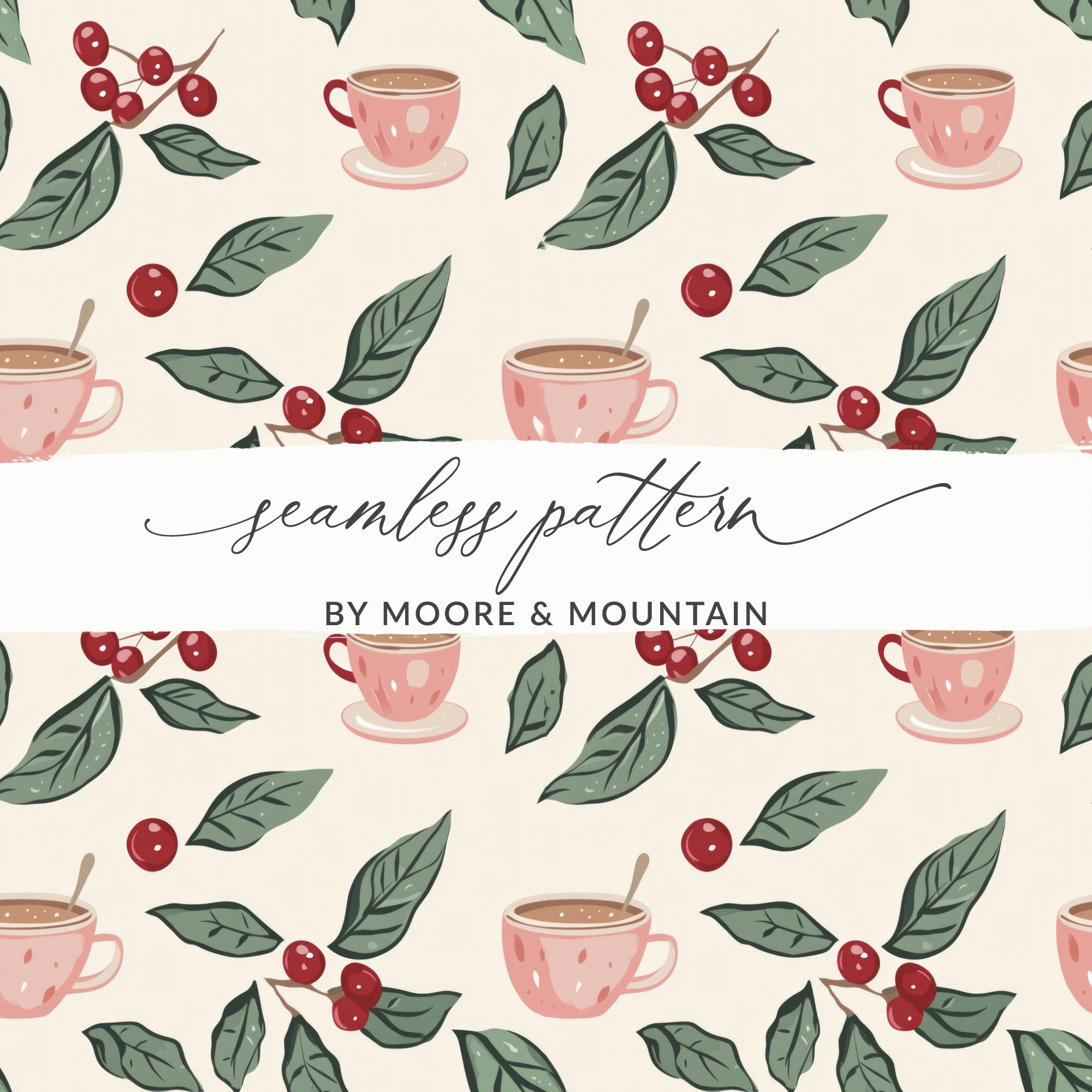Coffee Cups and Leaves Seamless Pattern Design