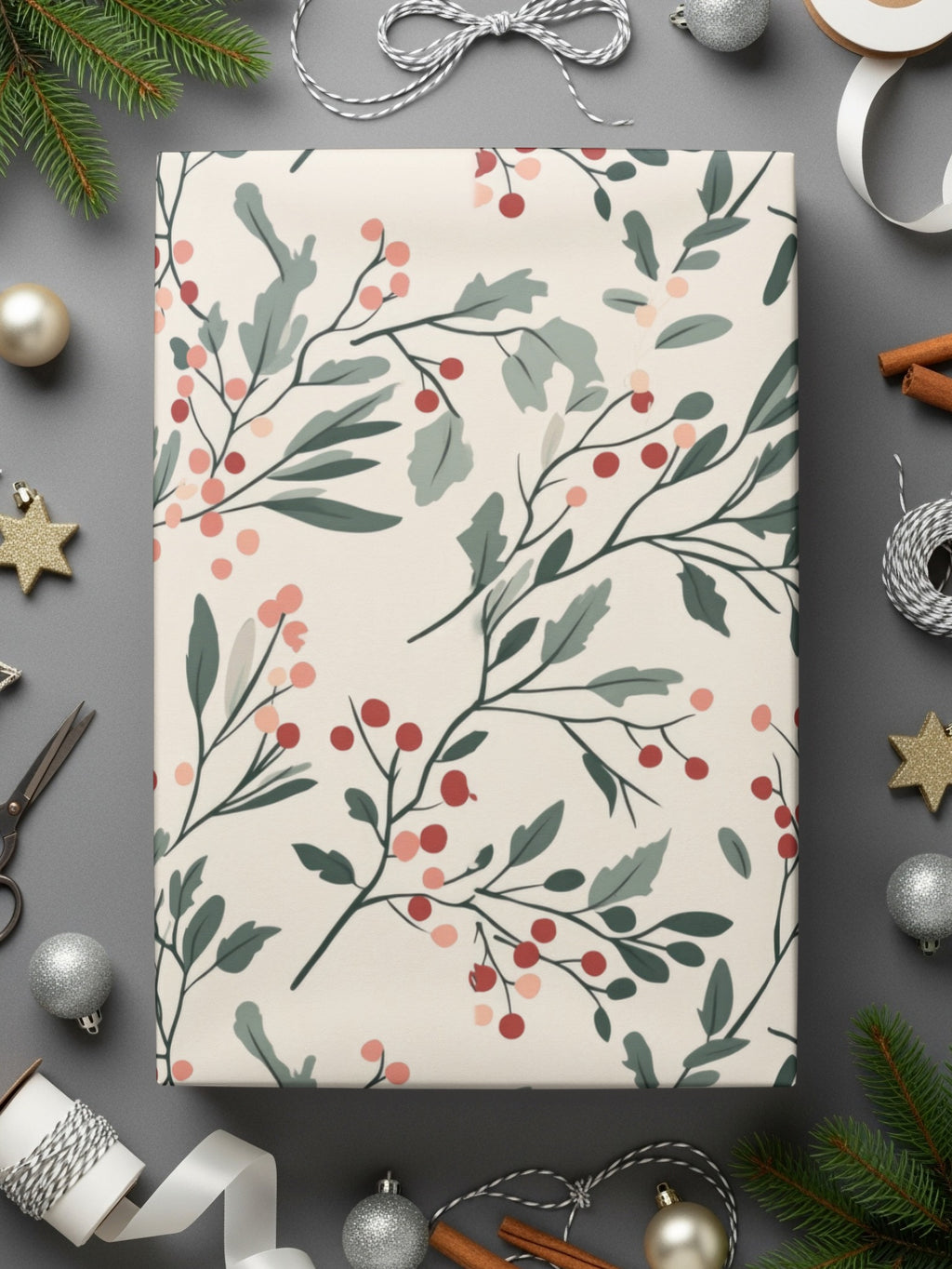 Festive Botanical Holiday Wrapping Paper Sheets