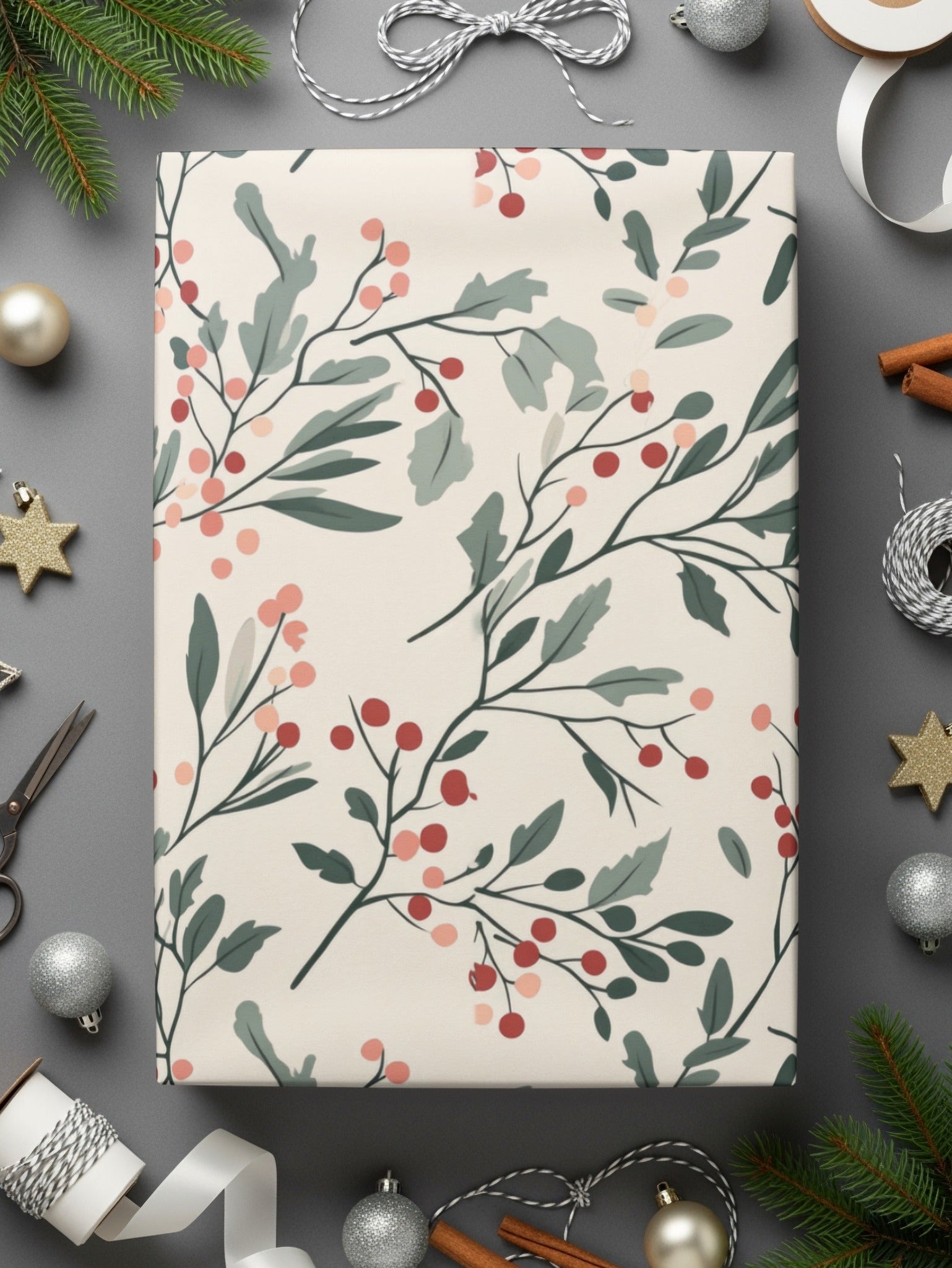 Festive Botanical Holiday Wrapping Paper Sheets