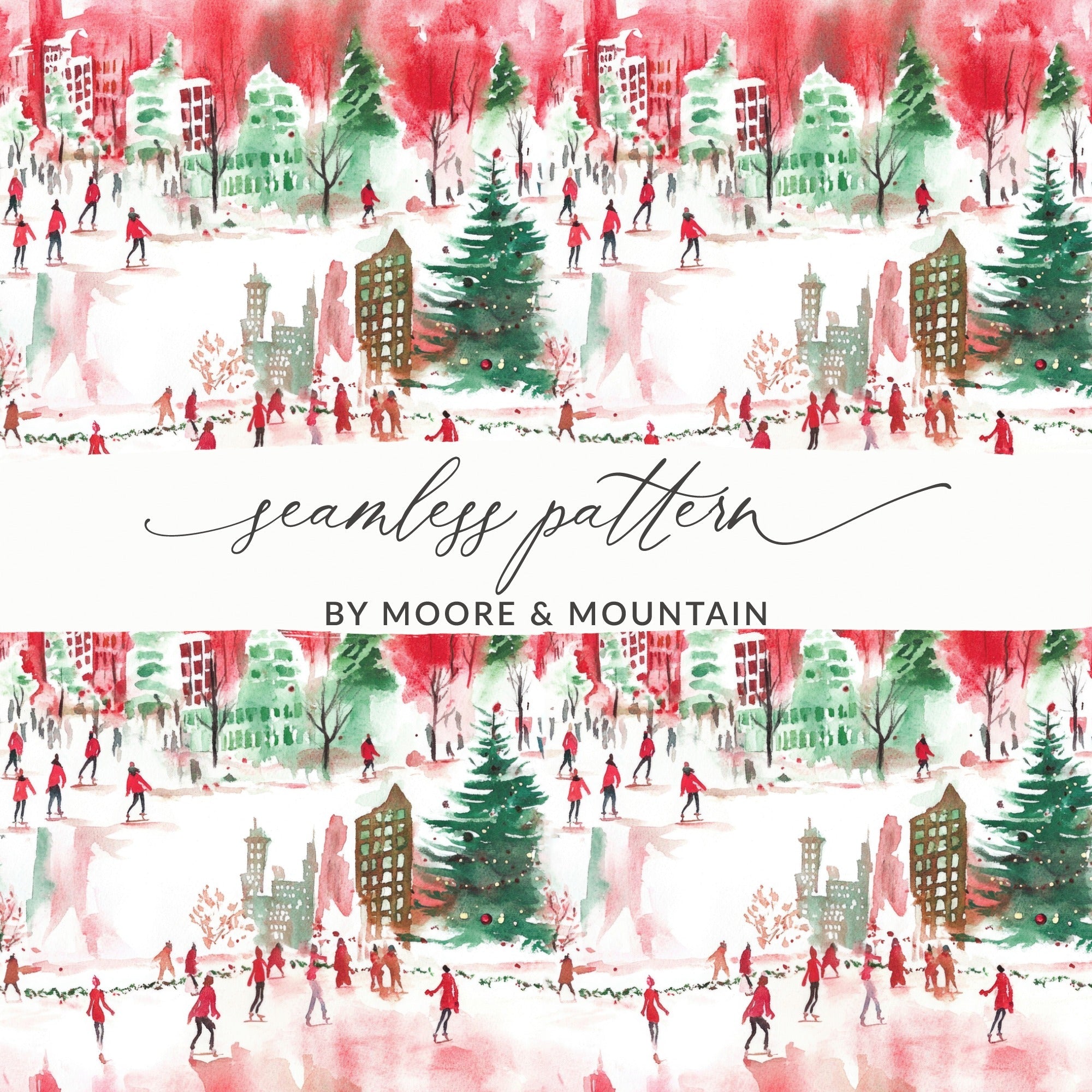 Christmas Scene Digital Paper, Winter City Pattern, Seamless Watercolor Art, Festive Design Download, Holiday Print, Xmas Digital Product - Moore and Mountain