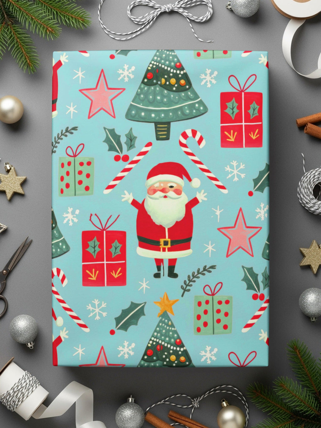 Christmas Seamless Pattern, Holiday Digital Paper, Santa Claus Tree Gift Wrap, Festive Design Download - Moore and Mountain