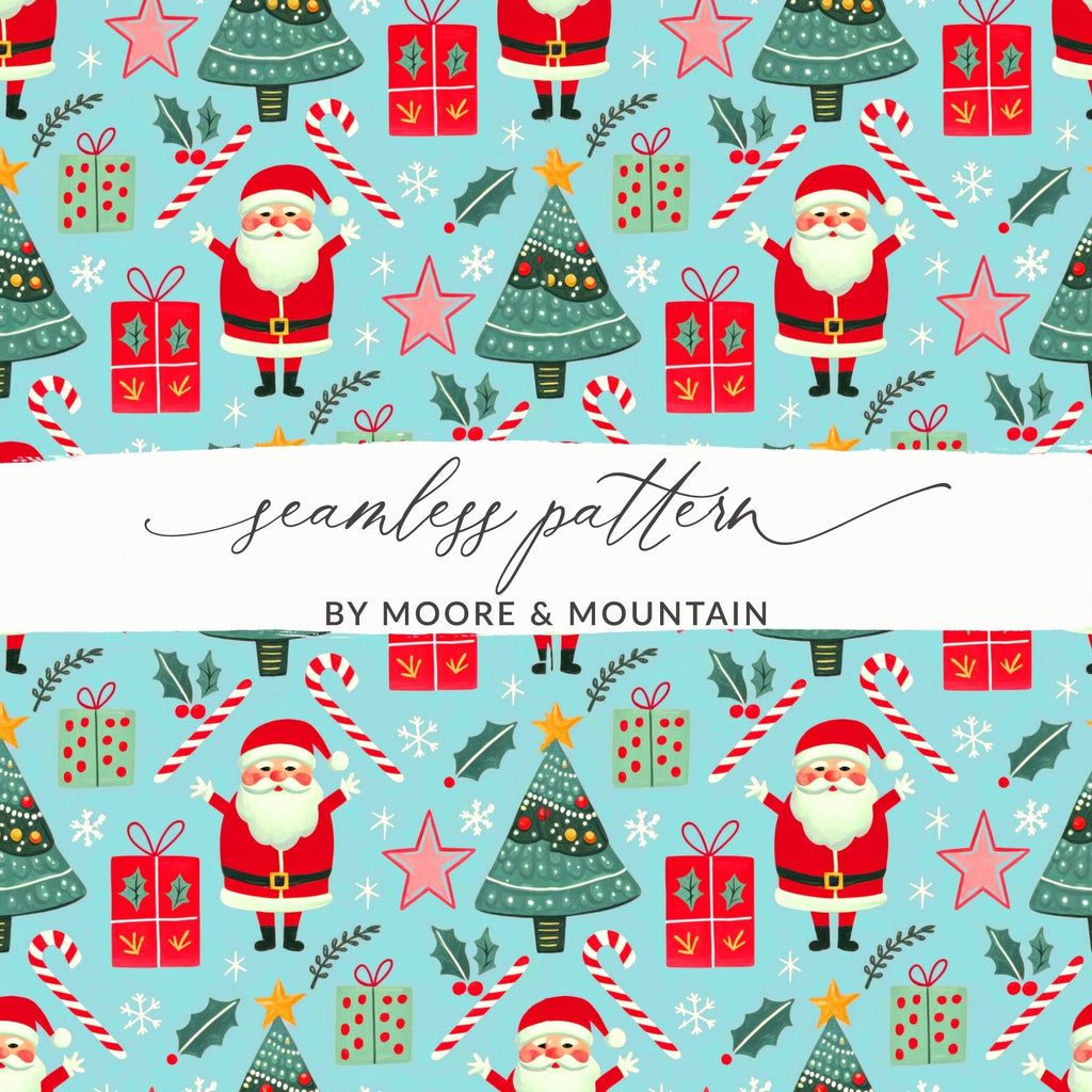 Christmas Seamless Pattern, Holiday Digital Paper, Santa Claus Tree Gift Wrap, Festive Design Download - Moore and Mountain