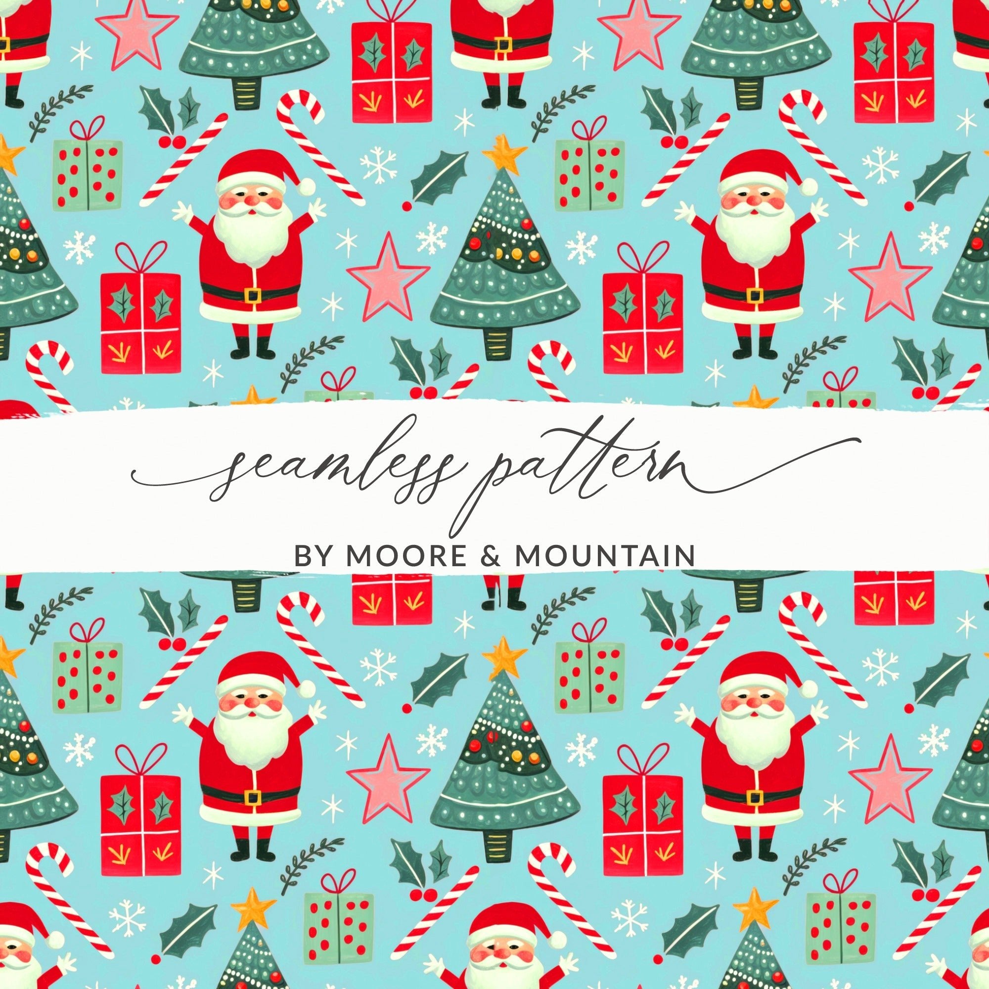 Christmas Seamless Pattern, Holiday Digital Paper, Santa Claus Tree Gift Wrap, Festive Design Download - Moore and Mountain