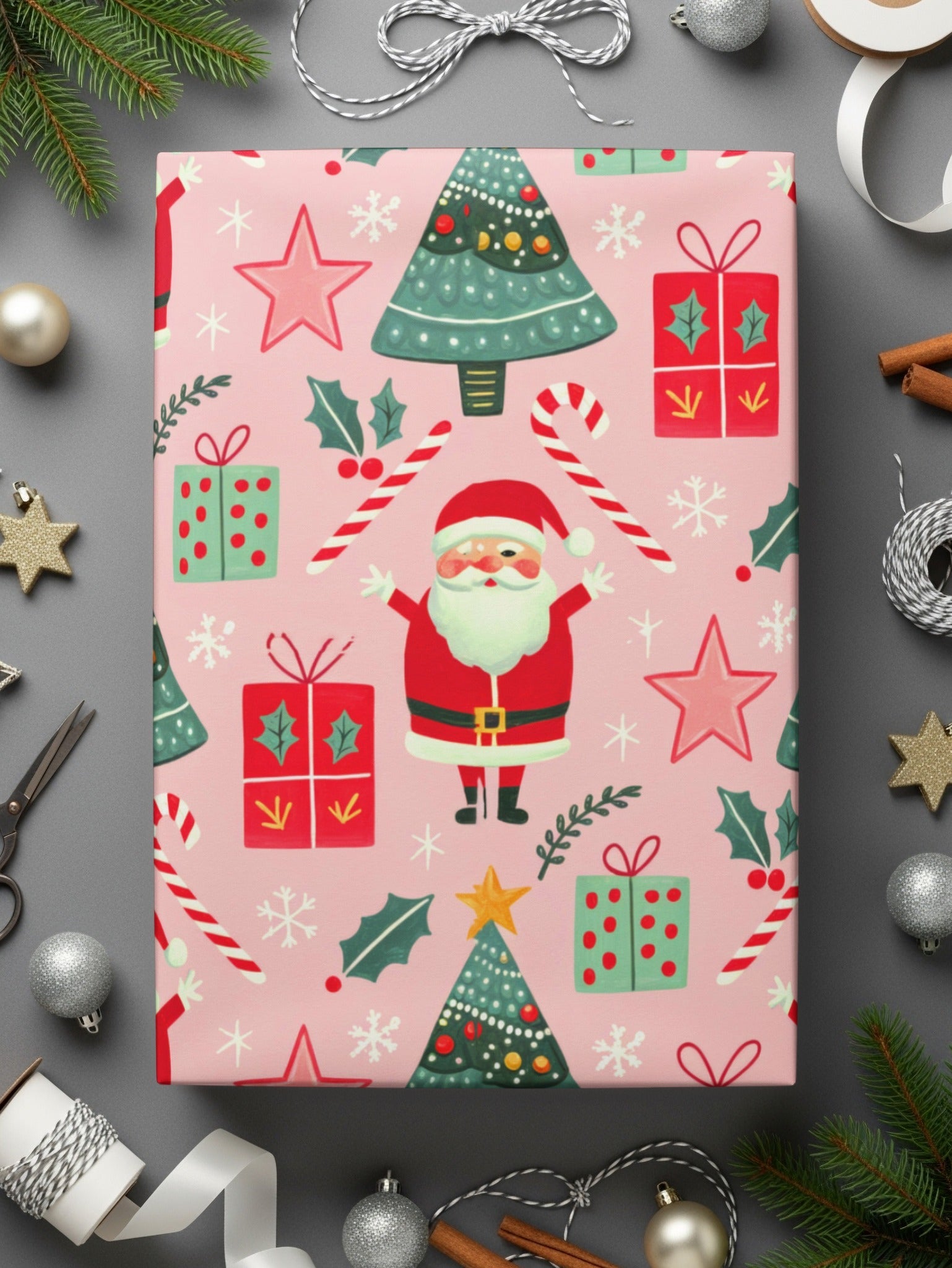 Christmas Seamless Pattern, Holiday Digital Paper, Santa Tree Gift Wrap, Cute Xmas Background, Festive Fabric Design, JPEG Download - Moore and Mountain