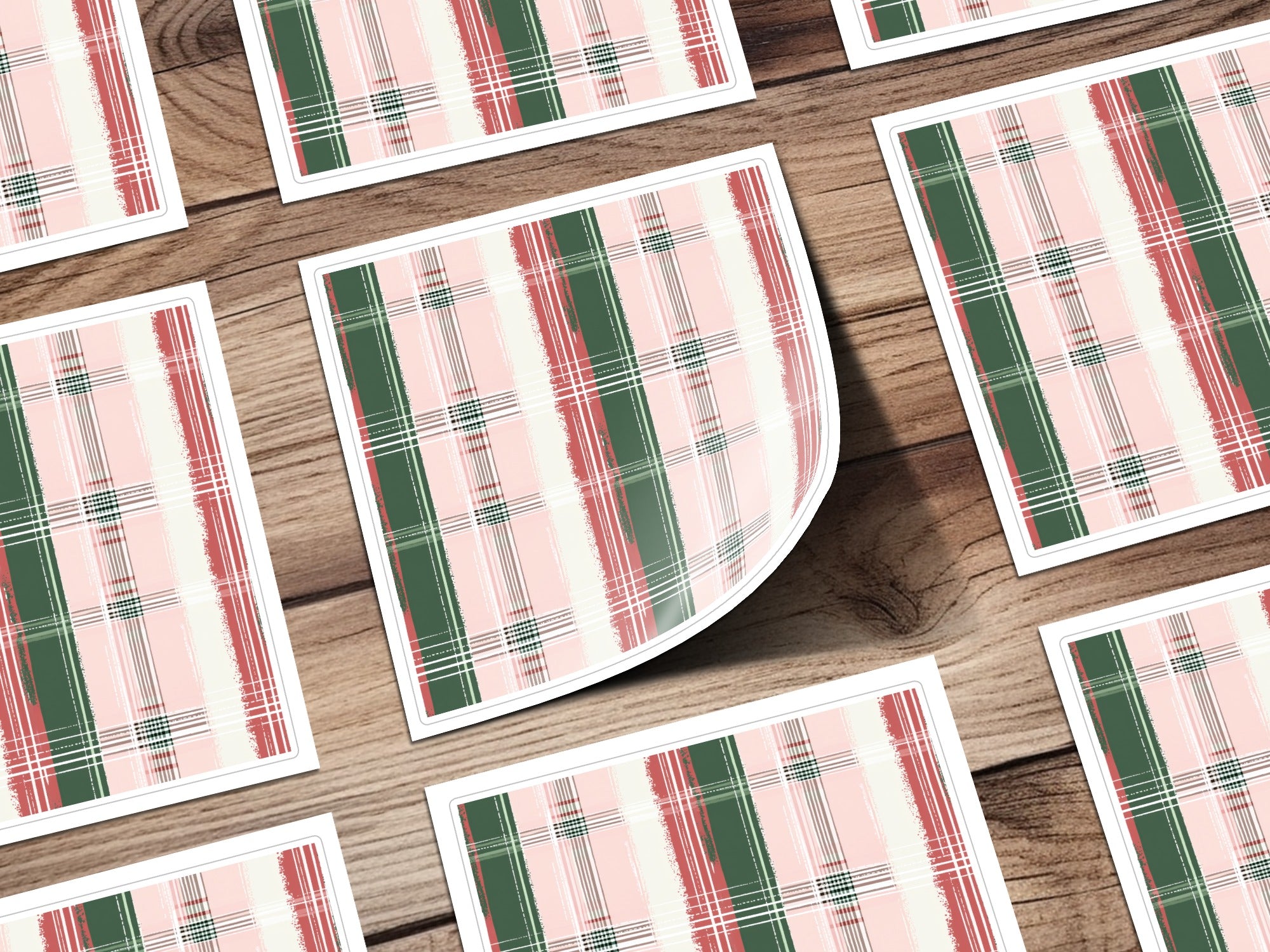 Festive Green and Red Plaid Pattern Sticker Set