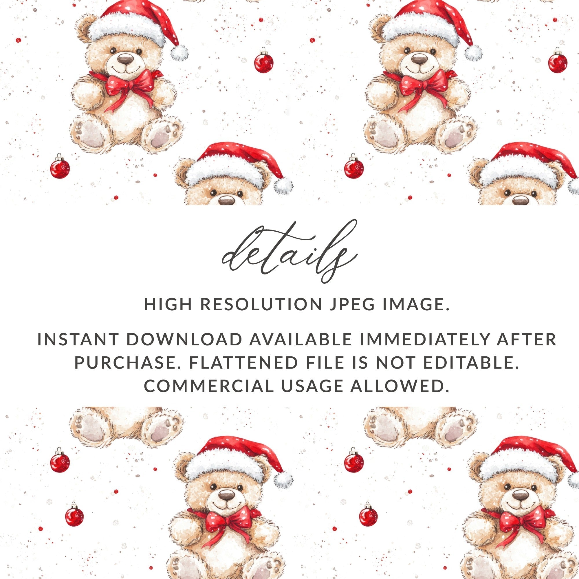 Christmas Teddy Bear Digital Seamless Pattern, Holiday Repeat Pattern, Xmas Bear for Fabric, 12x12 JPEG, 2 Scales, Digital Download - Moore and Mountain