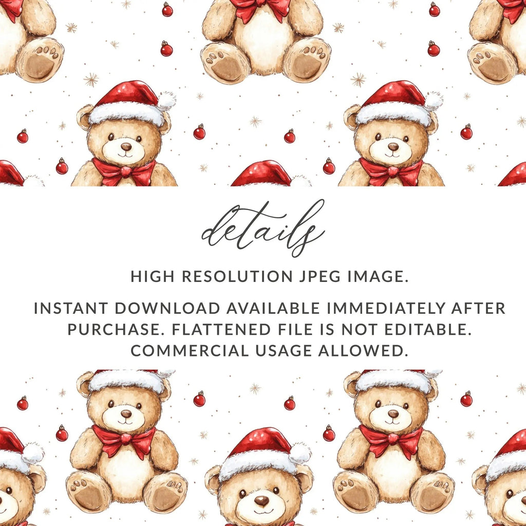 Christmas Teddy Bear Seamless Pattern, Holiday Digital Paper, Watercolor Repeat Pattern, Festive Bears, Digital Download 12x12 inches - Moore and Mountain