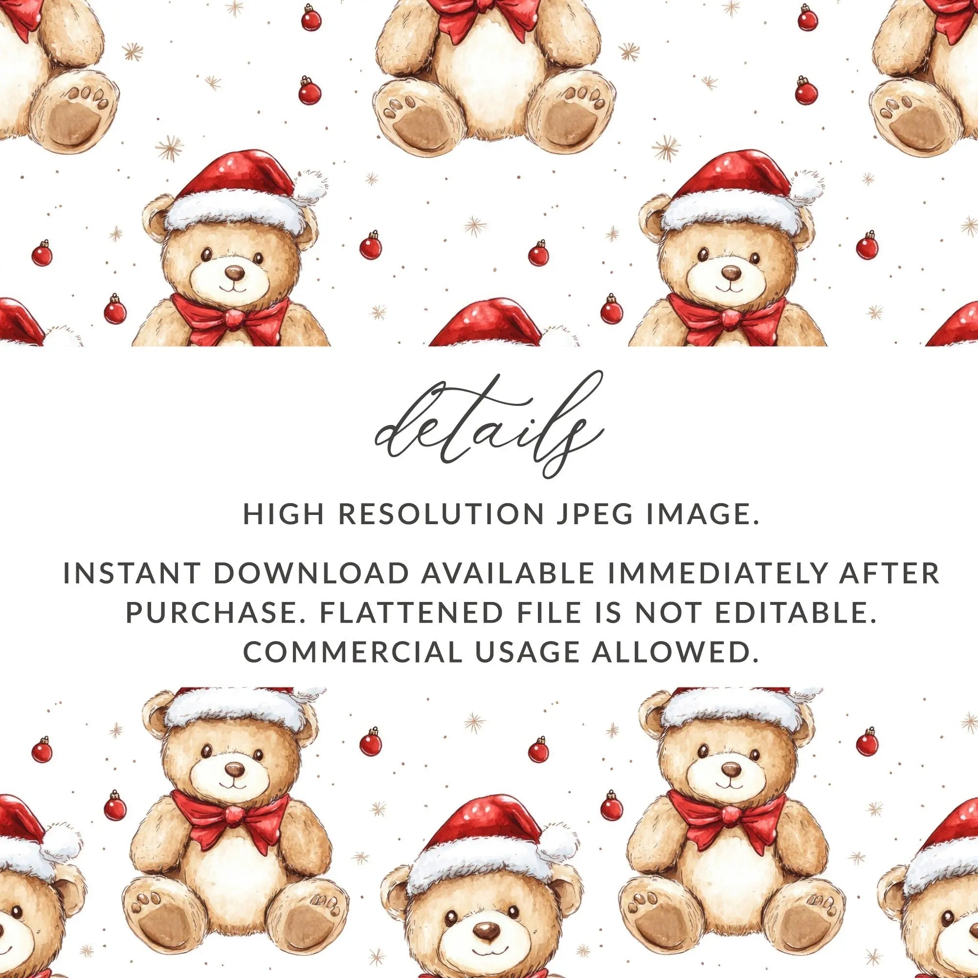 Christmas Teddy Bear Seamless Pattern, Holiday Digital Paper, Watercolor Repeat Pattern, Festive Bears, Digital Download 12x12 inches - Moore and Mountain