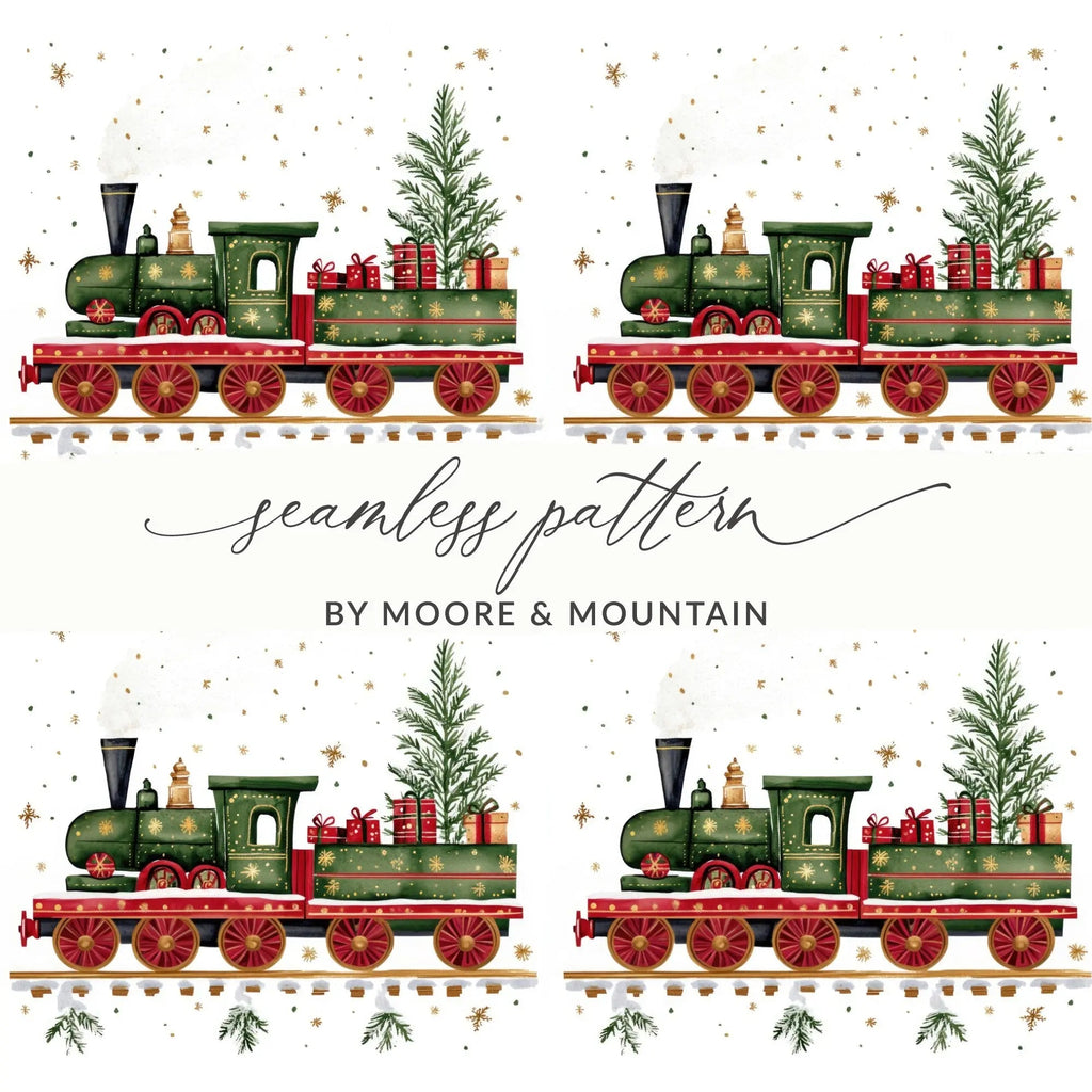Christmas Train Digital Seamless Pattern, Holiday Train Clipart, Festive Train Repeating Pattern, Winter Digital Paper for Fabric, Crafts - Moore and Mountain