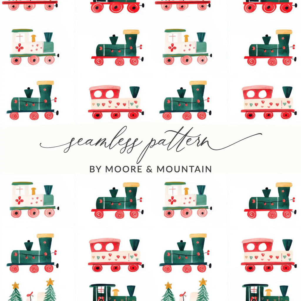 Christmas Train Seamless Pattern Digital Paper, Holiday Train Digital, Festive Train Repeat Pattern, Christmas Digital Download - Moore and Mountain