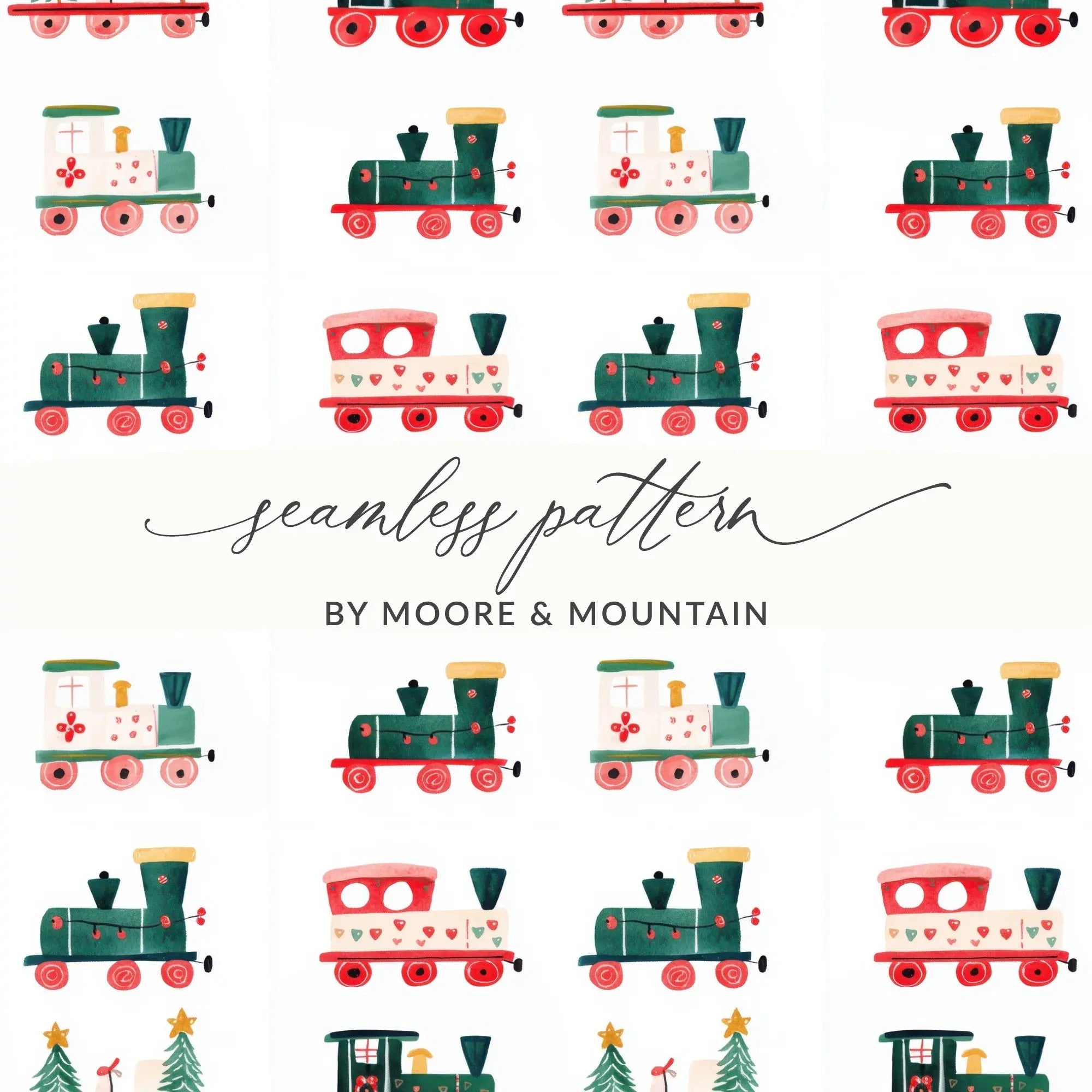 Christmas Train Seamless Pattern Digital Paper, Holiday Train Digital, Festive Train Repeat Pattern, Christmas Digital Download - Moore and Mountain