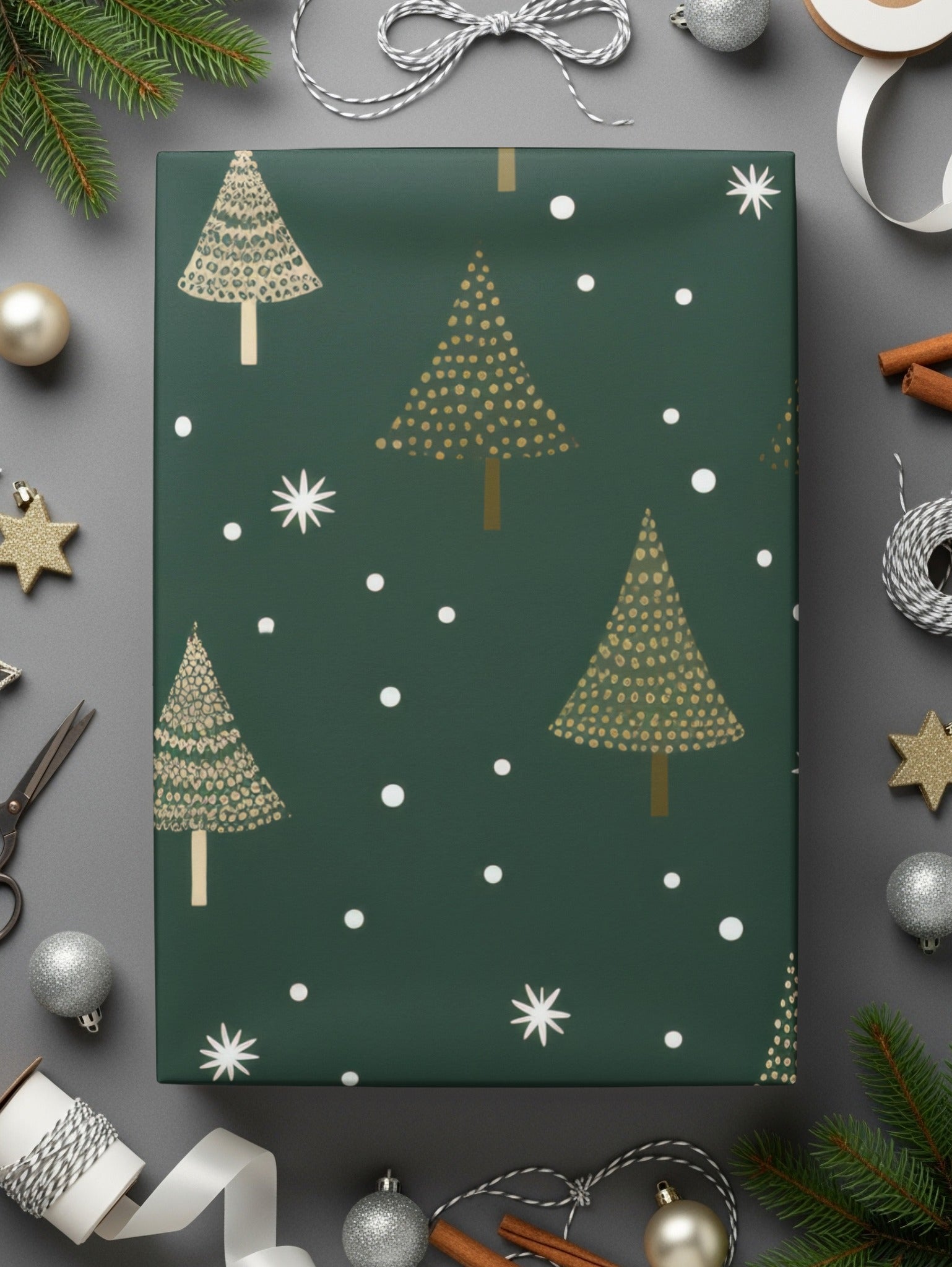 Christmas Tree Seamless Pattern Digital Paper, Holiday Season Background, Winter Snowflakes, Festive JPEG File, 12x12 inch Digital - Moore and Mountain