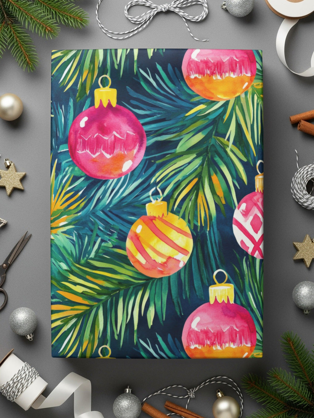 Christmas Watercolor Digital Paper, Pink Ornament, Gold Ornament, Holiday Pattern, Seamless Festive Background, Printable Scrapbook Paper - Moore and Mountain