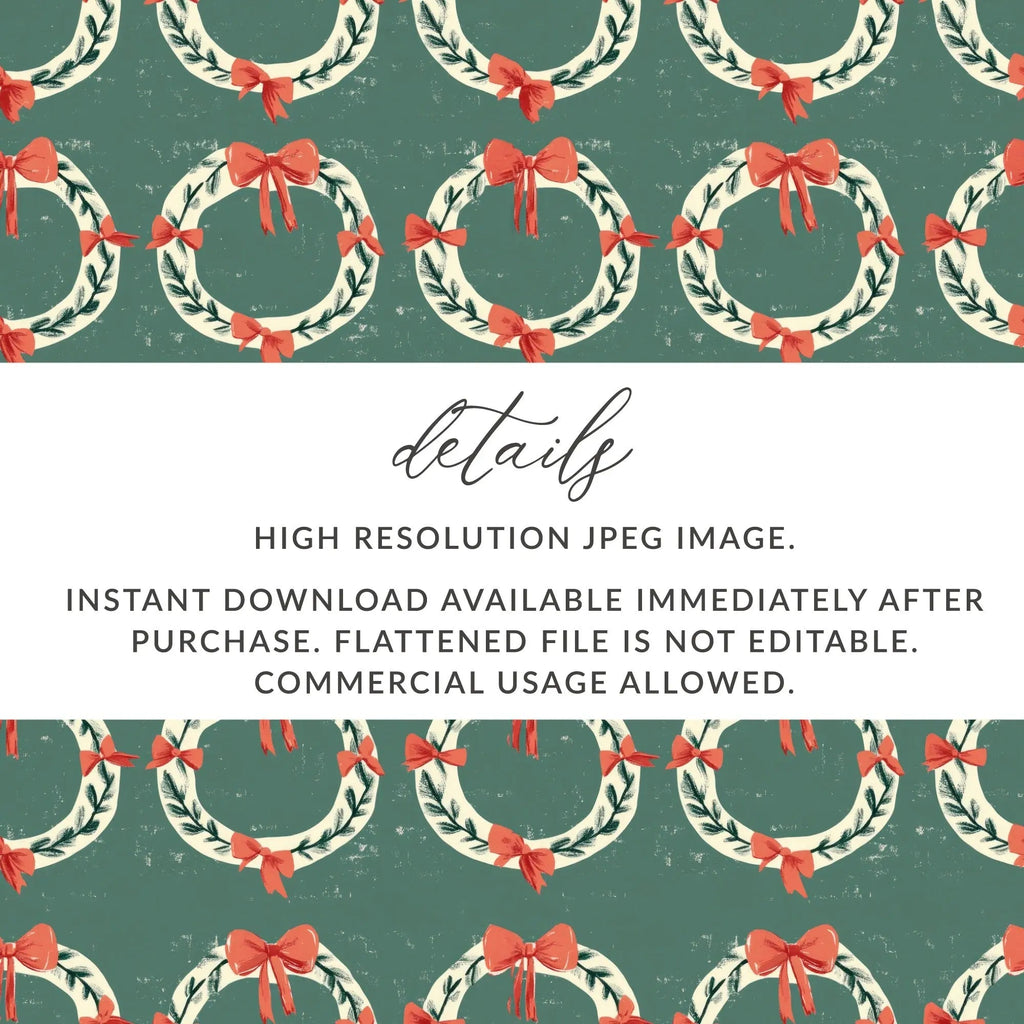 Christmas Wreath Seamless Pattern Digital Paper, Holiday Backgrounds, Fabric Design, Scrapbooking, 12x12 inch JPEG Files Download - Moore and Mountain