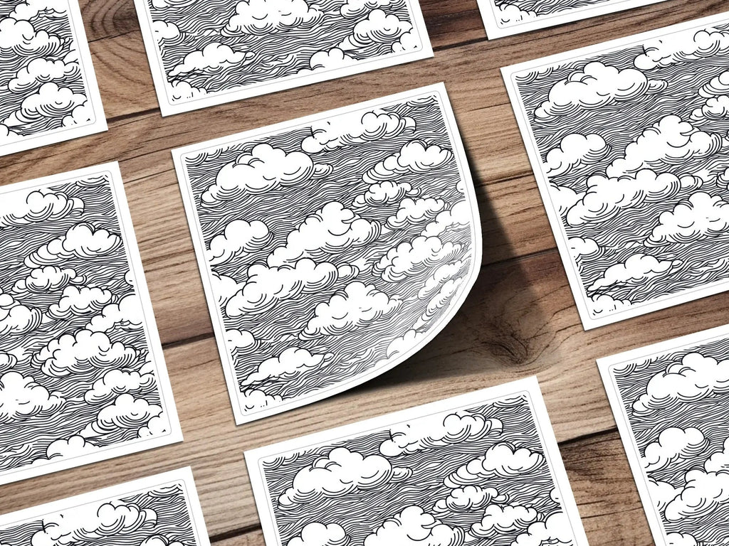 Clouds Digital Seamless Pattern JPEG, Sky Vector Illustration, Line Art Printable, Black and White Surface, Scrapbooking Background - Moore and Mountain