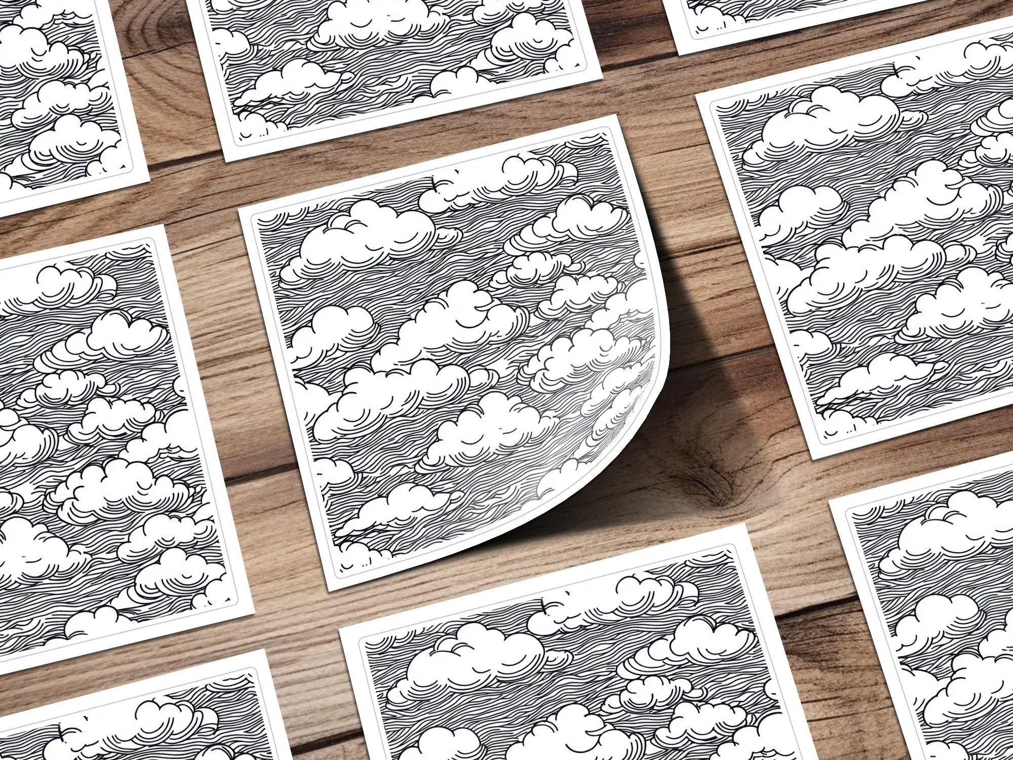 Clouds Digital Seamless Pattern JPEG, Sky Vector Illustration, Line Art Printable, Black and White Surface, Scrapbooking Background - Moore and Mountain