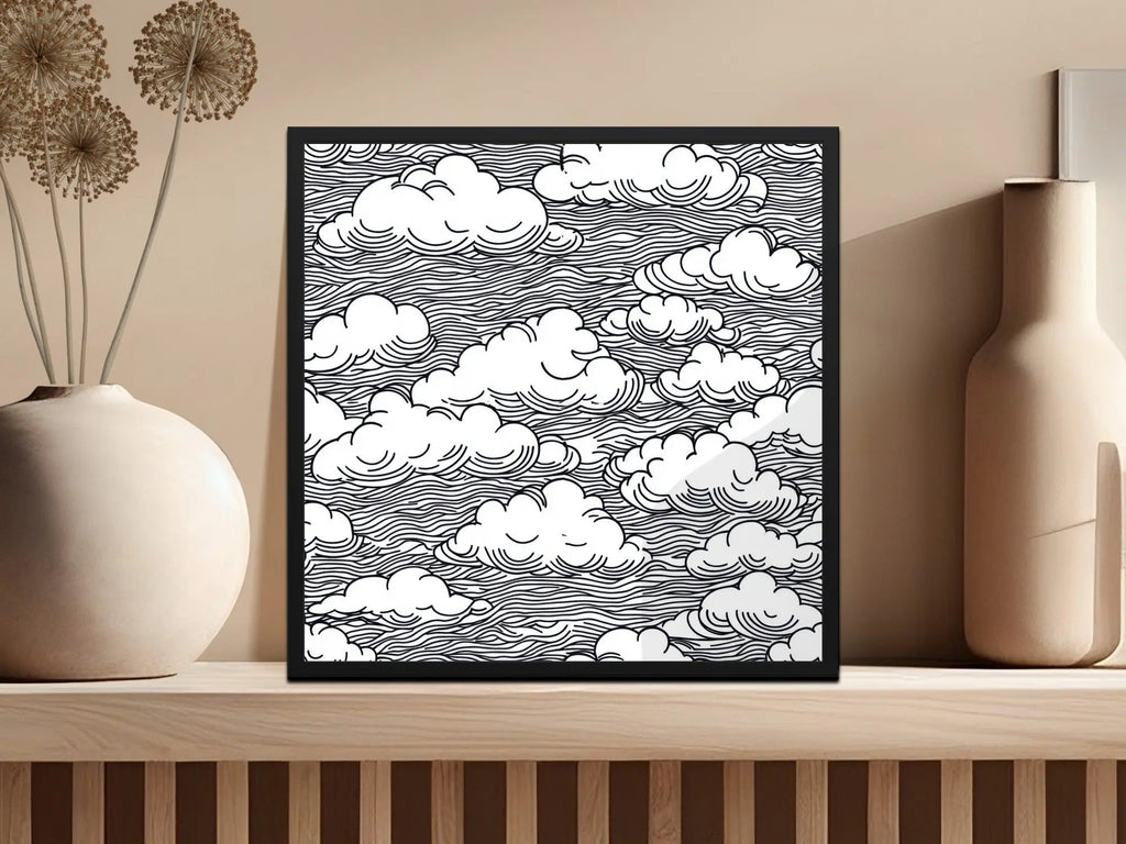 Clouds Digital Seamless Pattern JPEG, Sky Vector Illustration, Line Art Printable, Black and White Surface, Scrapbooking Background - Moore and Mountain