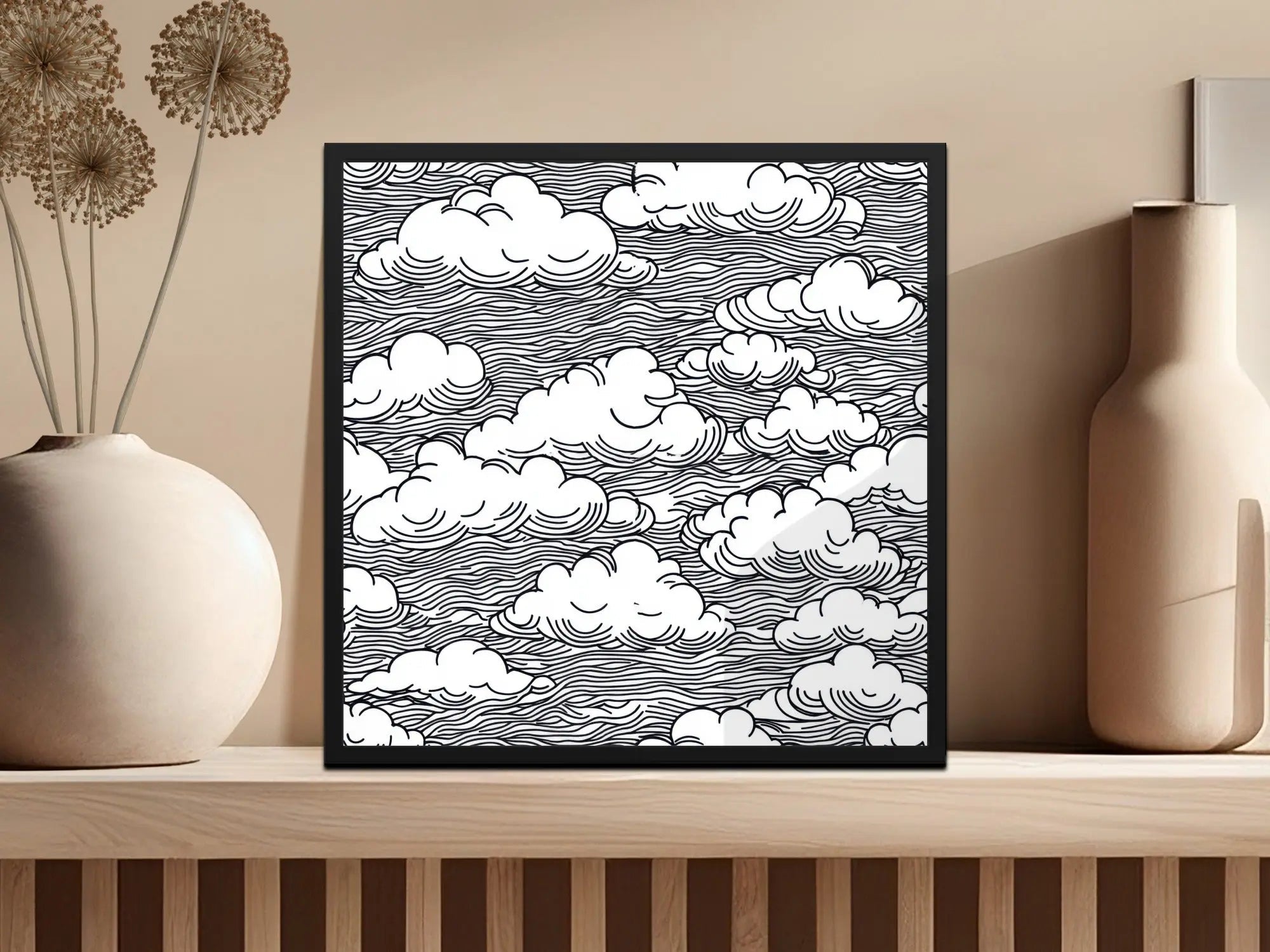 Clouds Digital Seamless Pattern JPEG, Sky Vector Illustration, Line Art Printable, Black and White Surface, Scrapbooking Background - Moore and Mountain