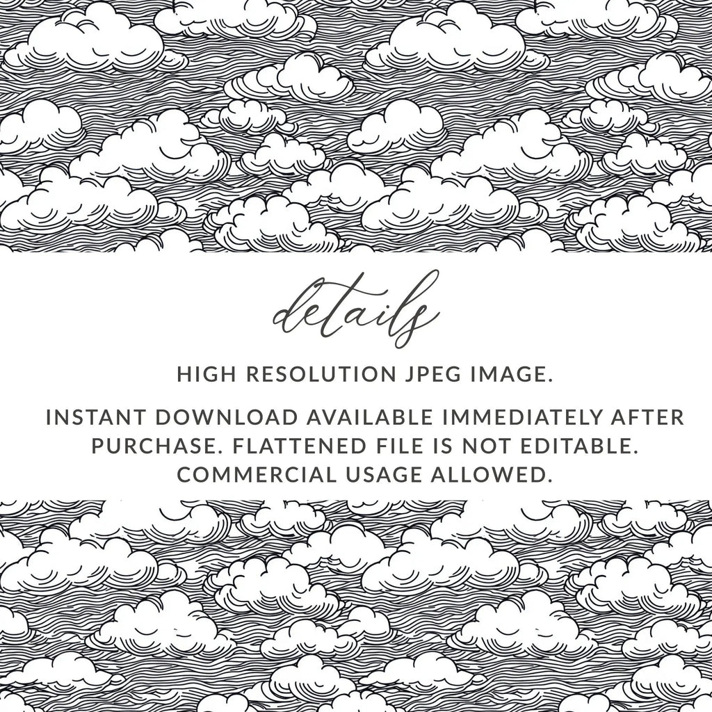 Clouds Digital Seamless Pattern JPEG, Sky Vector Illustration, Line Art Printable, Black and White Surface, Scrapbooking Background - Moore and Mountain