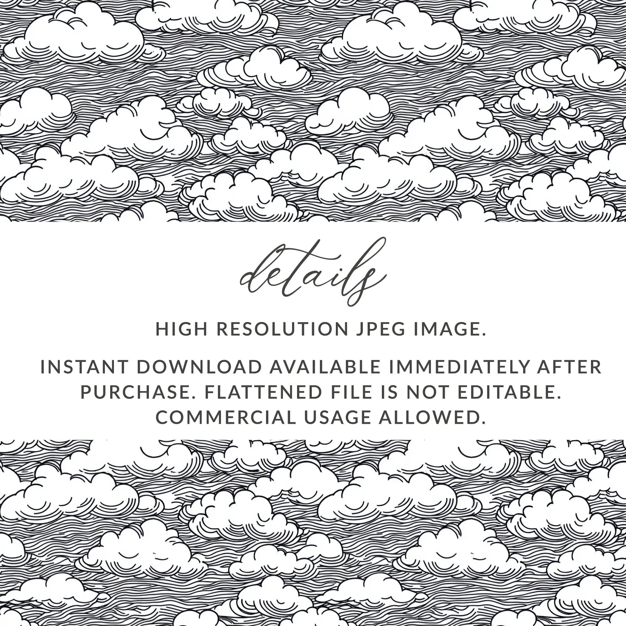 Clouds Digital Seamless Pattern JPEG, Sky Vector Illustration, Line Art Printable, Black and White Surface, Scrapbooking Background - Moore and Mountain