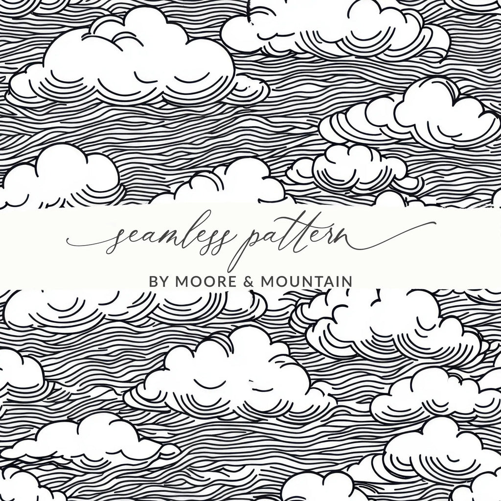 Clouds Digital Seamless Pattern JPEG, Sky Vector Illustration, Line Art Printable, Black and White Surface, Scrapbooking Background - Moore and Mountain