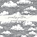 Clouds Digital Seamless Pattern JPEG, Sky Vector Illustration, Line Art Printable, Black and White Surface, Scrapbooking Background - Moore and Mountain