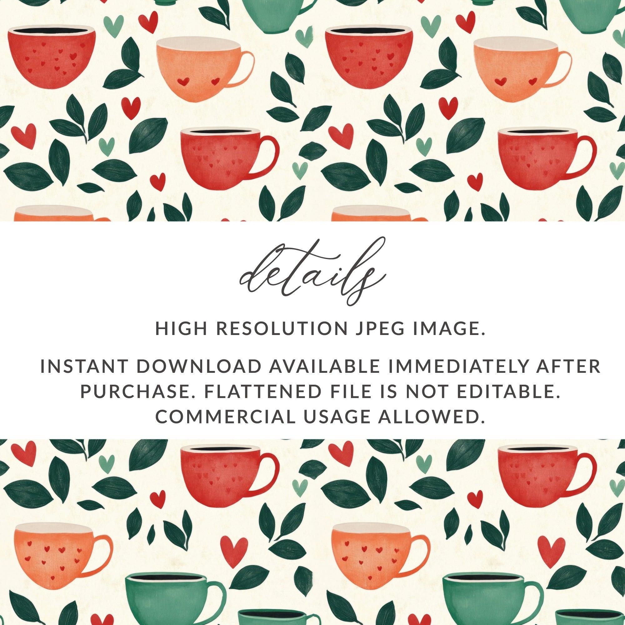 Coffee Cup Seamless Pattern Digital Download, Cafe Print, Kitchen Art, Hearts and Leaves, Repeat Design, Commercial Use - Moore and Mountain