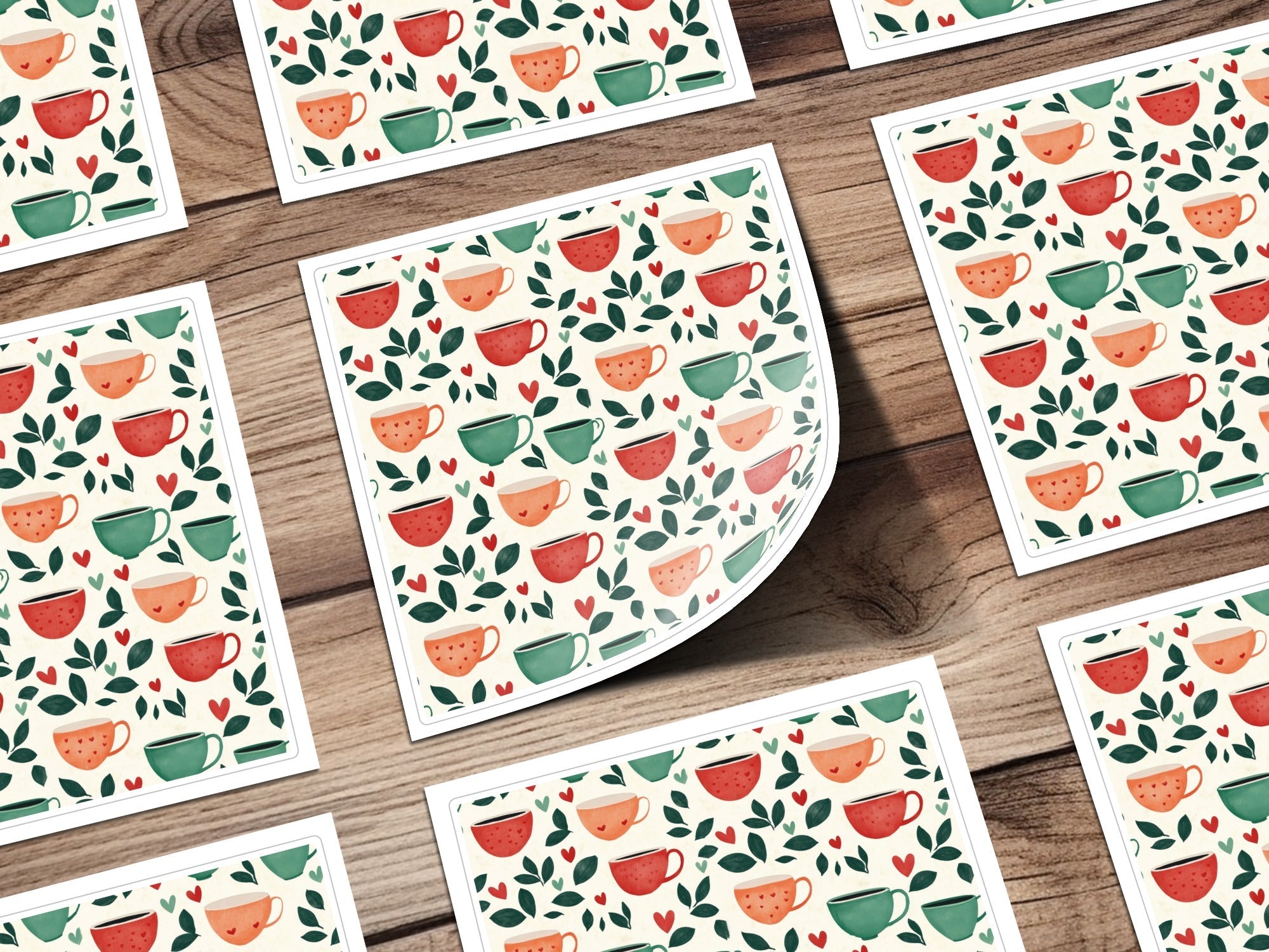 Coffee Cup Seamless Pattern Digital Download, Cafe Print, Kitchen Art, Hearts and Leaves, Repeat Design, Commercial Use - Moore and Mountain