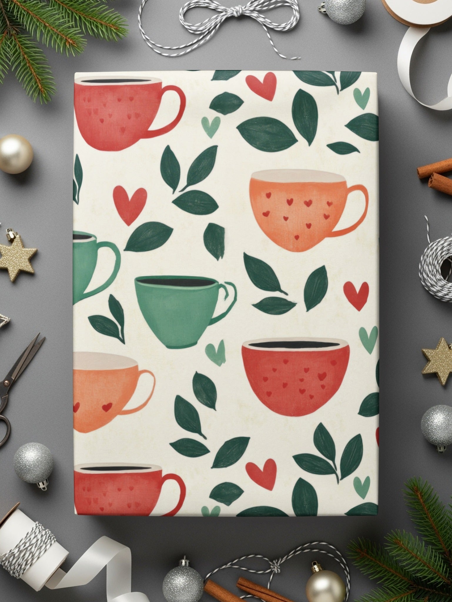 Coffee Cup Seamless Pattern Digital Download, Cafe Print, Kitchen Art, Hearts and Leaves, Repeat Design, Commercial Use - Moore and Mountain