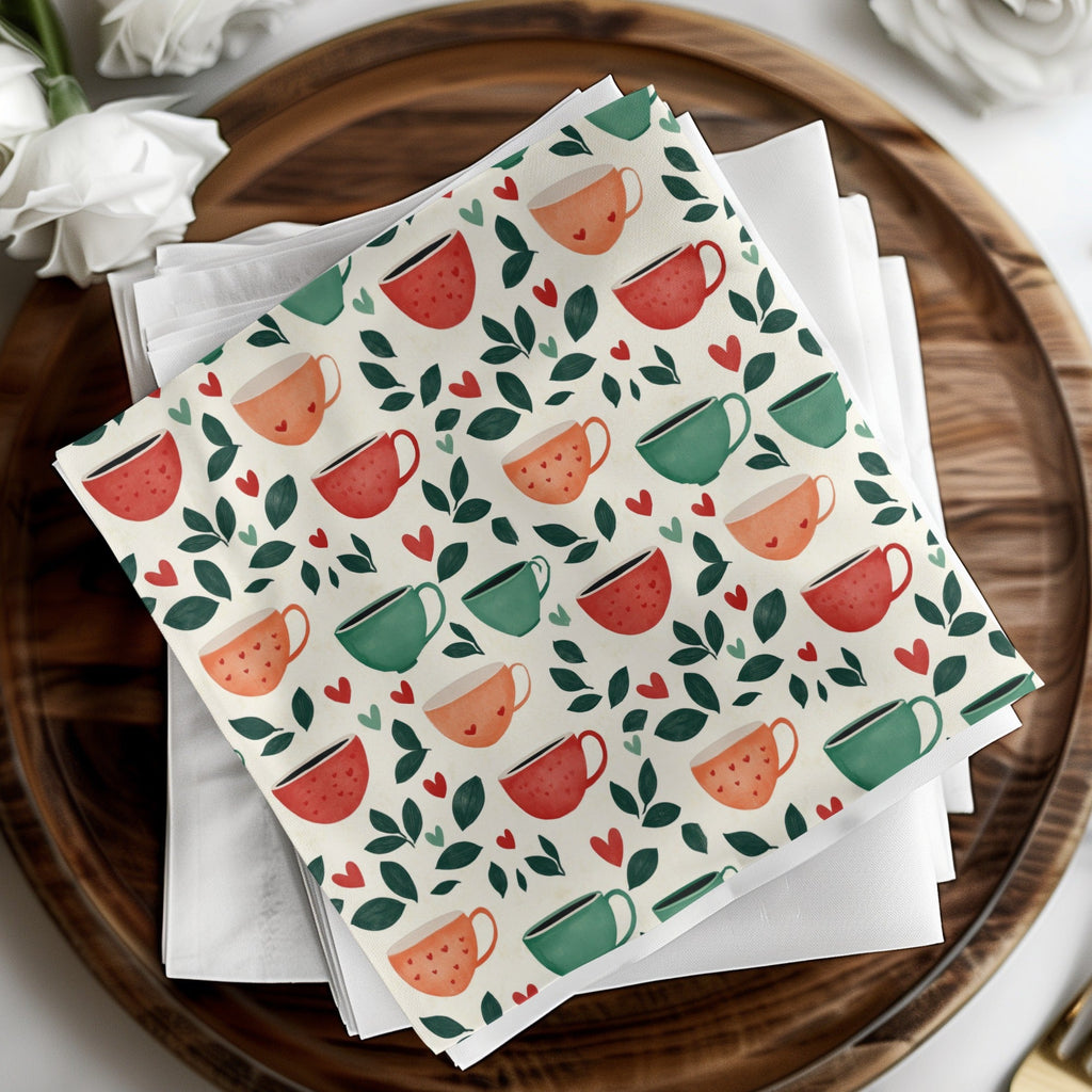Coffee Cup Seamless Pattern Digital Download, Cafe Print, Kitchen Art, Hearts and Leaves, Repeat Design, Commercial Use - Moore and Mountain