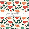 Coffee Cup Seamless Pattern Digital Download, Cafe Print, Kitchen Art, Hearts and Leaves, Repeat Design, Commercial Use - Moore and Mountain