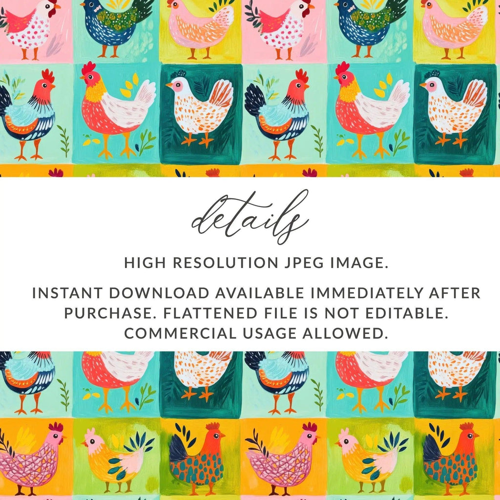 Colorful Chicken Digital Seamless Pattern, Farm Animal JPEG Pattern, Pop Art Chickens Digital File, Farmhouse Quirky Chickens - Moore and Mountain
