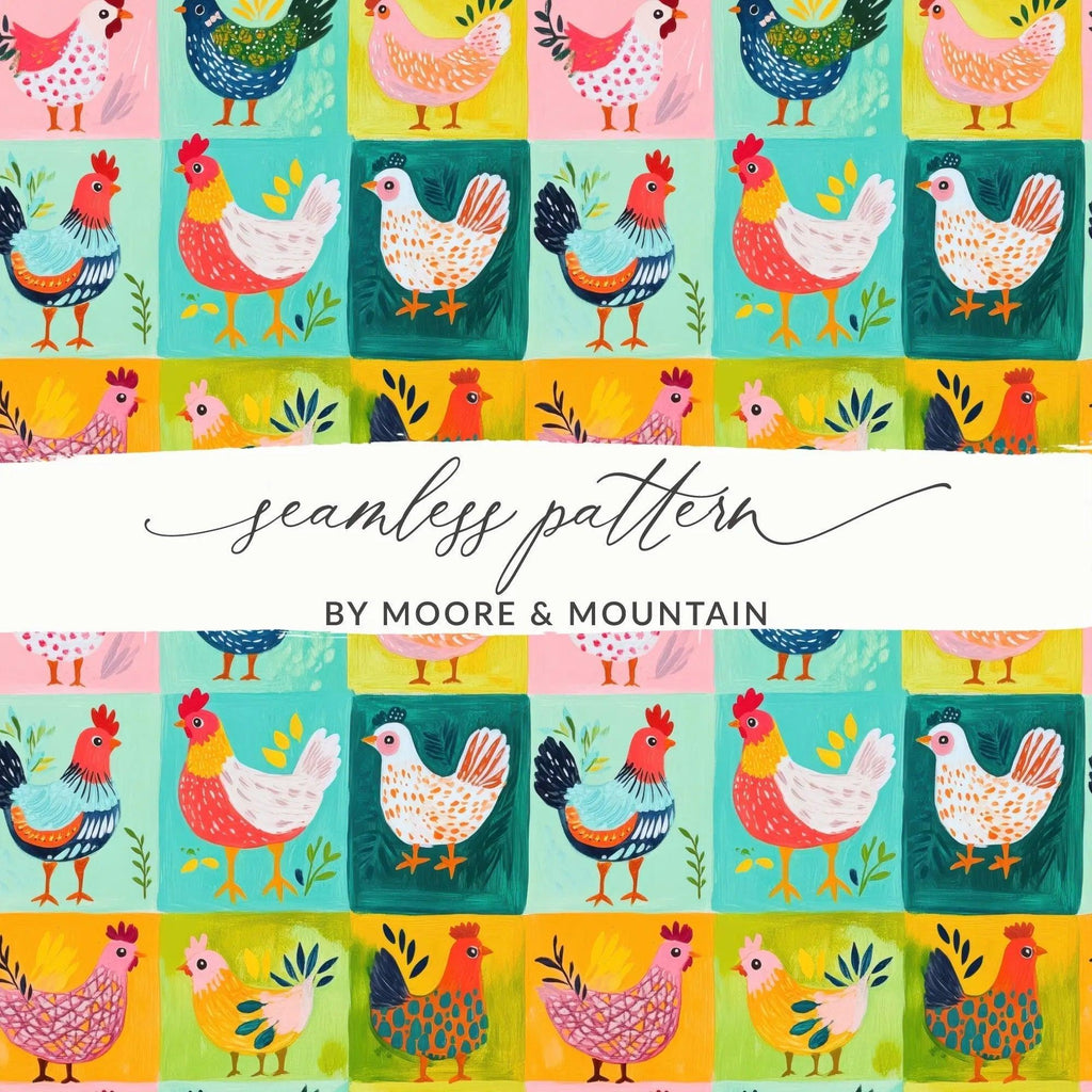 Colorful Chicken Digital Seamless Pattern, Farm Animal JPEG Pattern, Pop Art Chickens Digital File, Farmhouse Quirky Chickens - Moore and Mountain