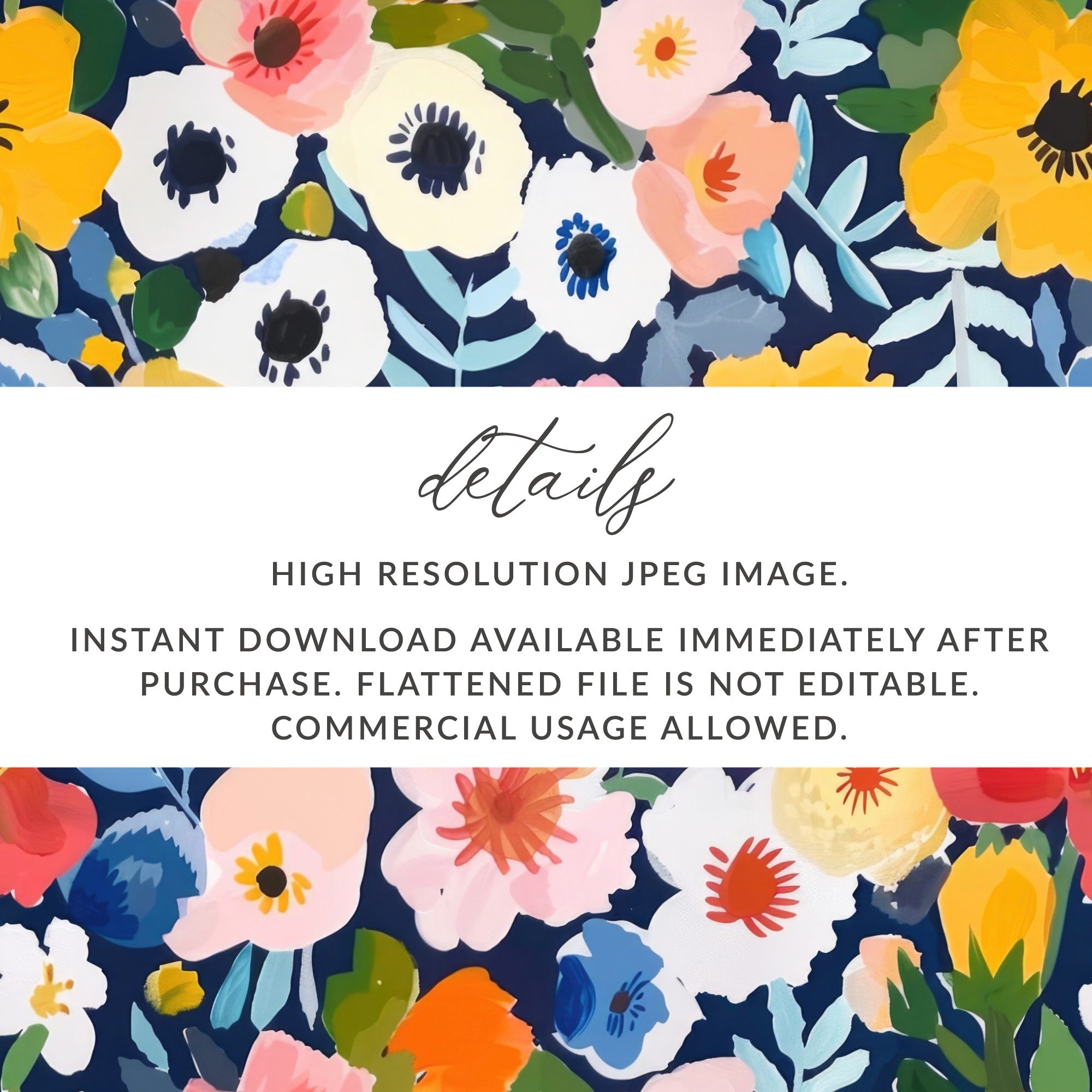 Colorful Floral Digital Paper, Flower Pattern, Spring Blossom Design, Abstract Bloom Art, Navy Background Print, Repeating Tile - Moore and Mountain