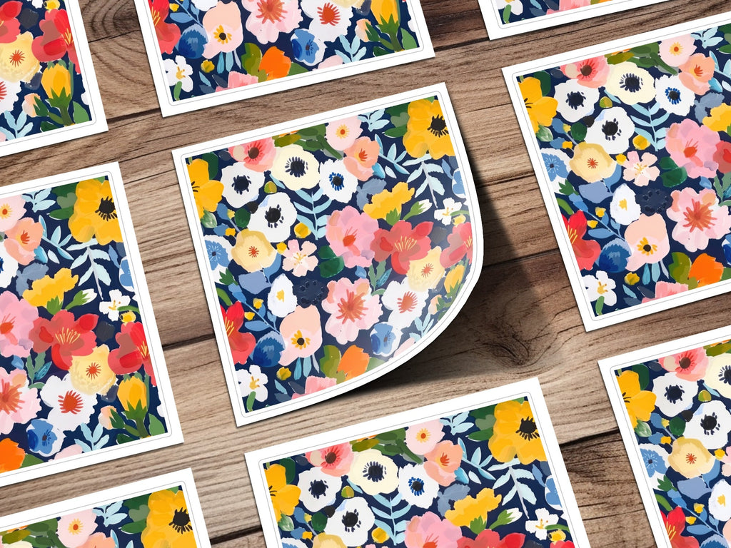 Colorful Floral Digital Paper, Flower Pattern, Spring Blossom Design, Abstract Bloom Art, Navy Background Print, Repeating Tile - Moore and Mountain