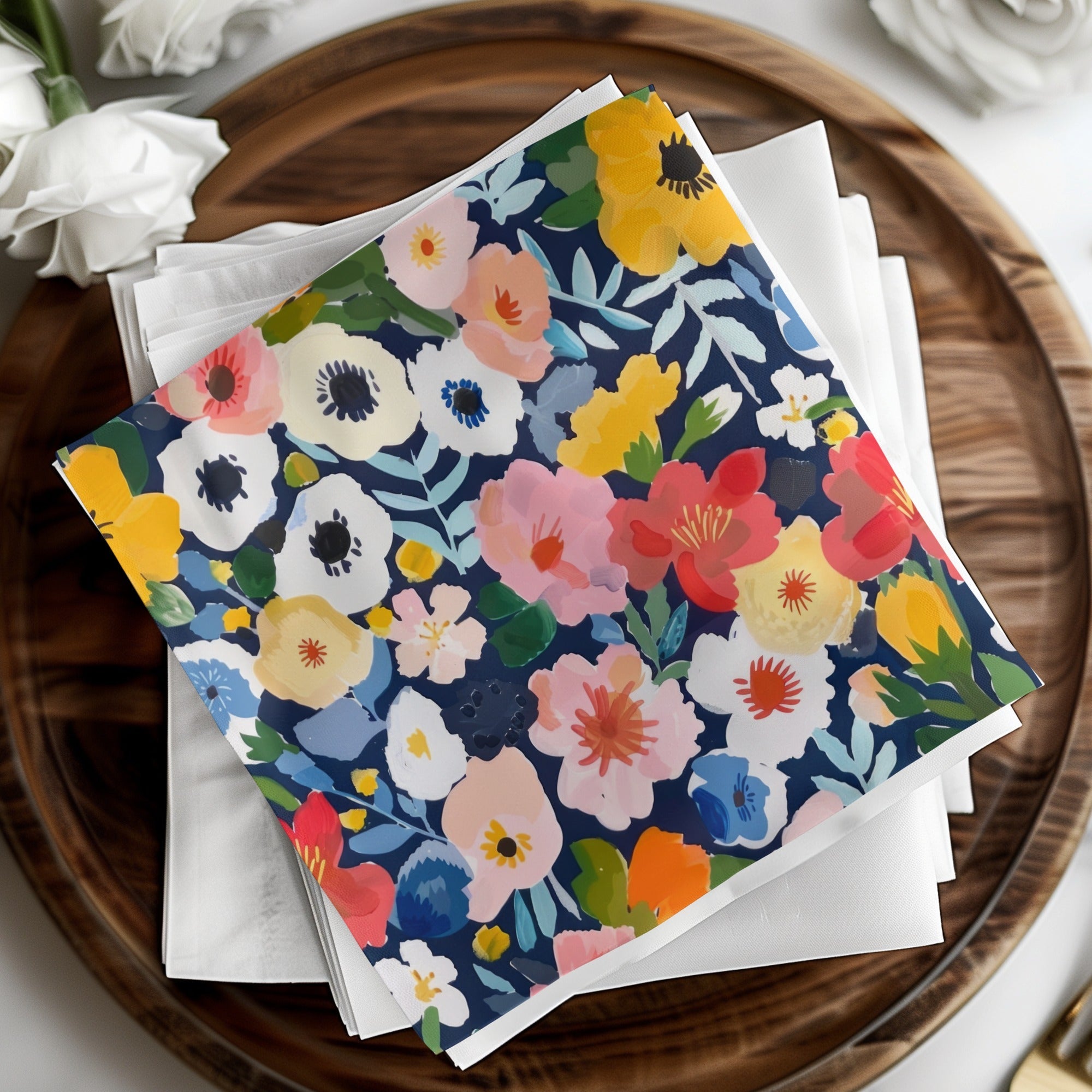 Colorful Floral Digital Paper, Flower Pattern, Spring Blossom Design, Abstract Bloom Art, Navy Background Print, Repeating Tile - Moore and Mountain