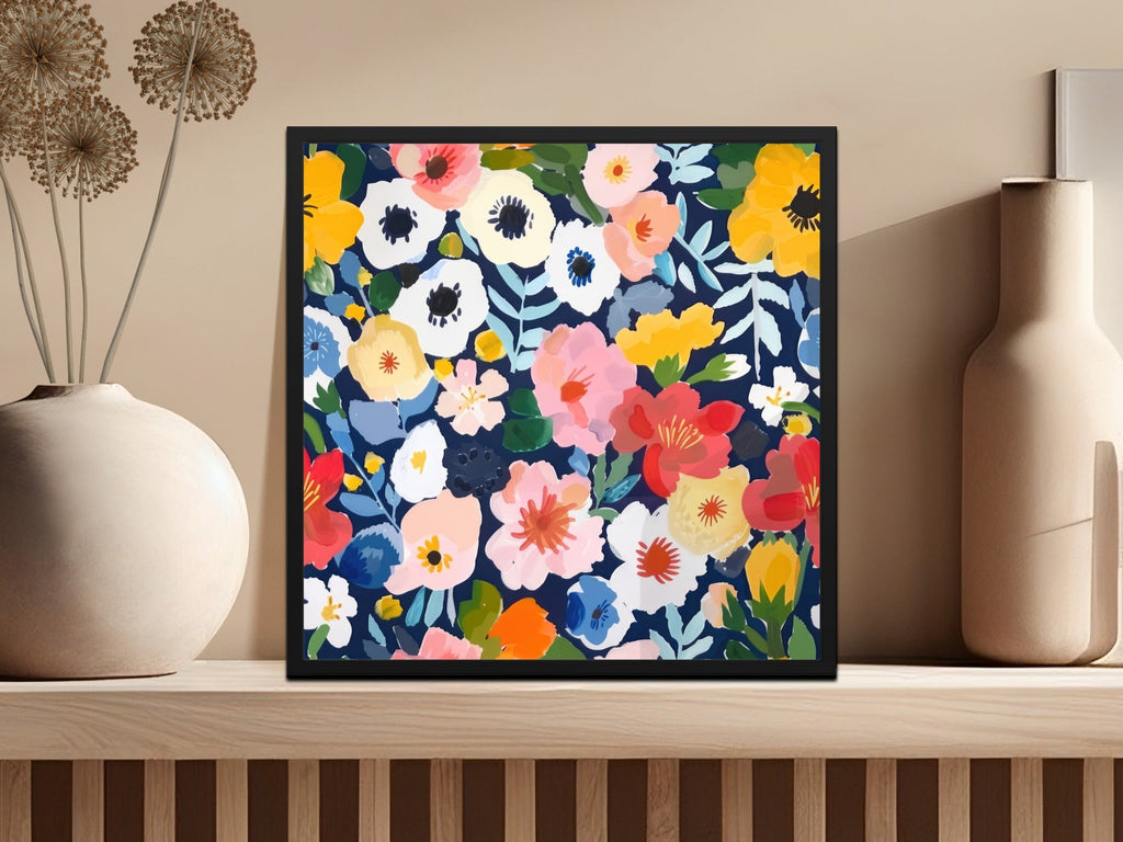 Colorful Floral Digital Paper, Flower Pattern, Spring Blossom Design, Abstract Bloom Art, Navy Background Print, Repeating Tile - Moore and Mountain