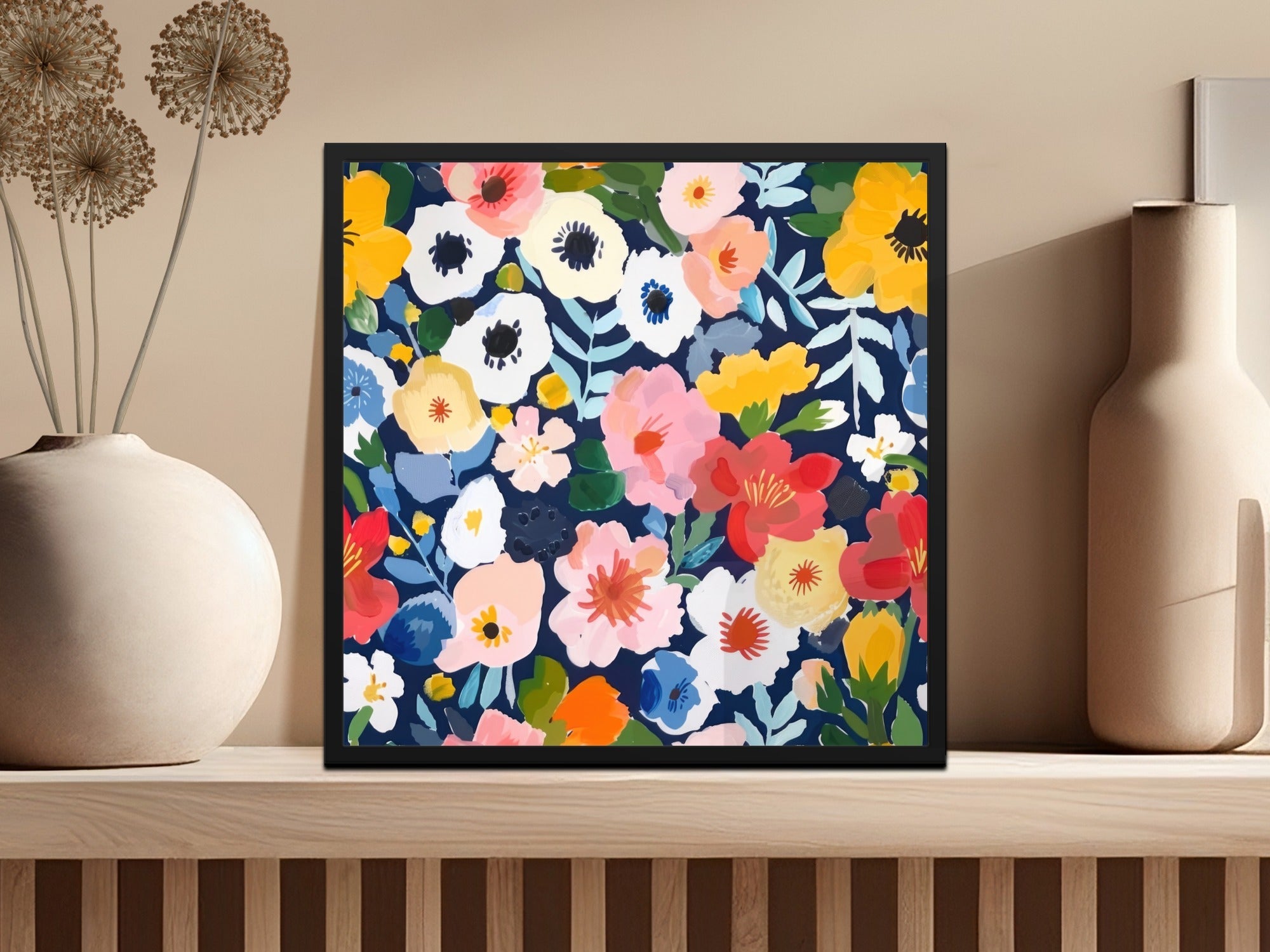 Colorful Floral Digital Paper, Flower Pattern, Spring Blossom Design, Abstract Bloom Art, Navy Background Print, Repeating Tile - Moore and Mountain