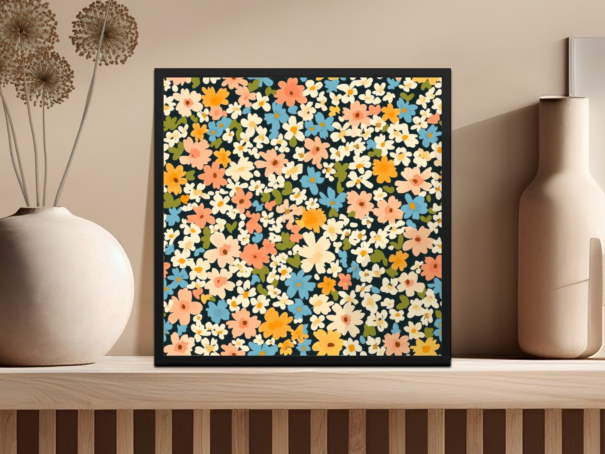 Vibrant Floral Pattern Art Print with Black Frame