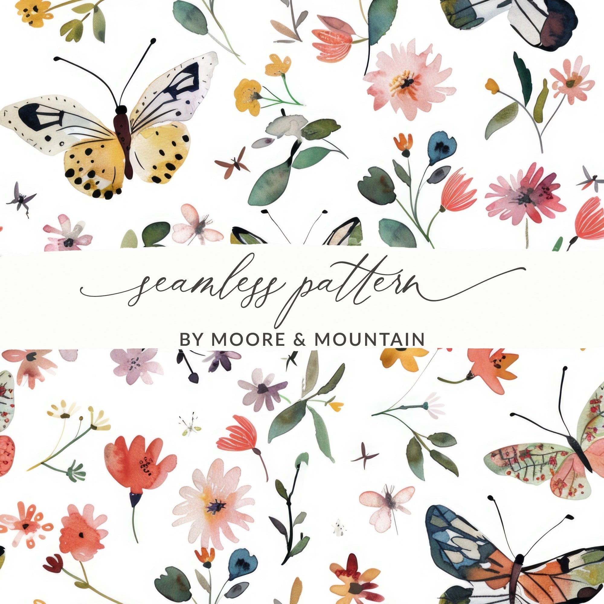 Colorful Spring Floral Butterfly Watercolor Pattern Digital - Moore and Mountain