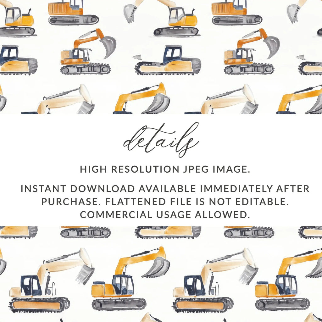Construction Excavator Digital Seamless Pattern, Yellow Gray Watercolor, Vehicle Repeat Pattern, Commercial License, Digital Papers - Moore and Mountain