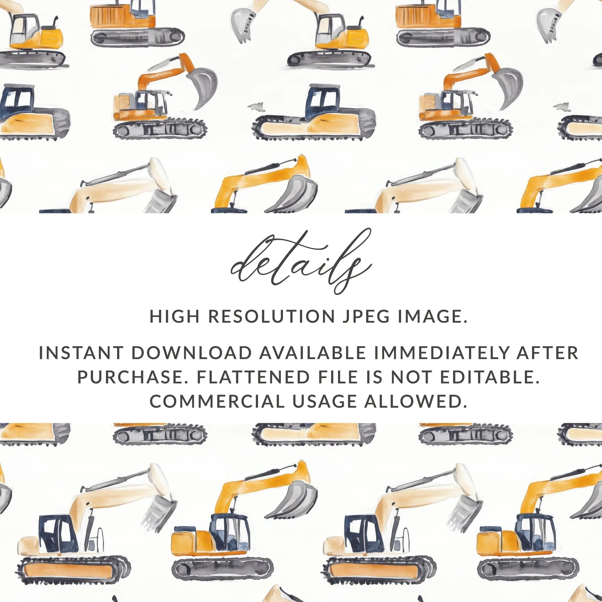 Construction Excavator Digital Seamless Pattern, Yellow Gray Watercolor, Vehicle Repeat Pattern, Commercial License, Digital Papers - Moore and Mountain