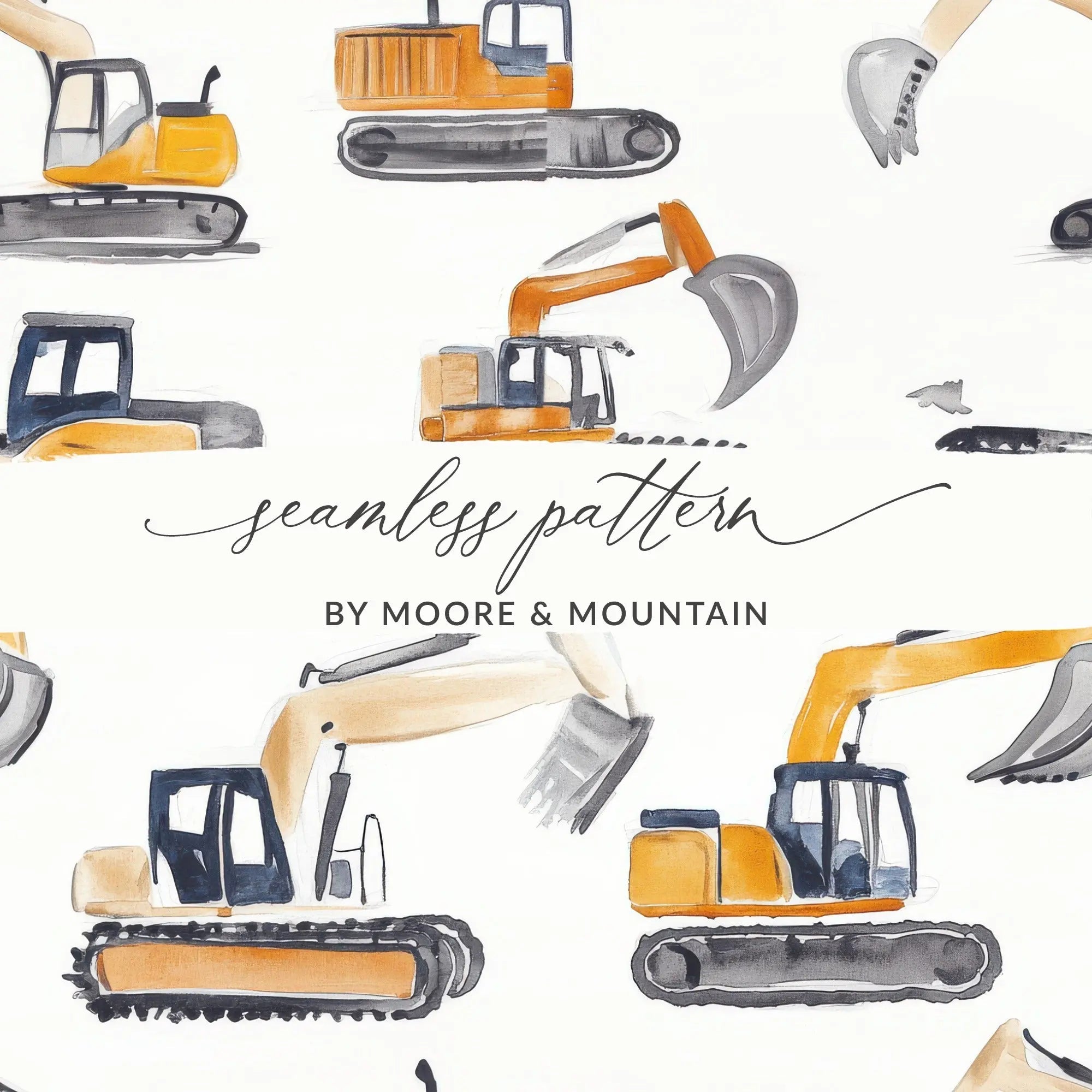 Construction Excavator Digital Seamless Pattern, Yellow Gray Watercolor, Vehicle Repeat Pattern, Commercial License, Digital Papers - Moore and Mountain
