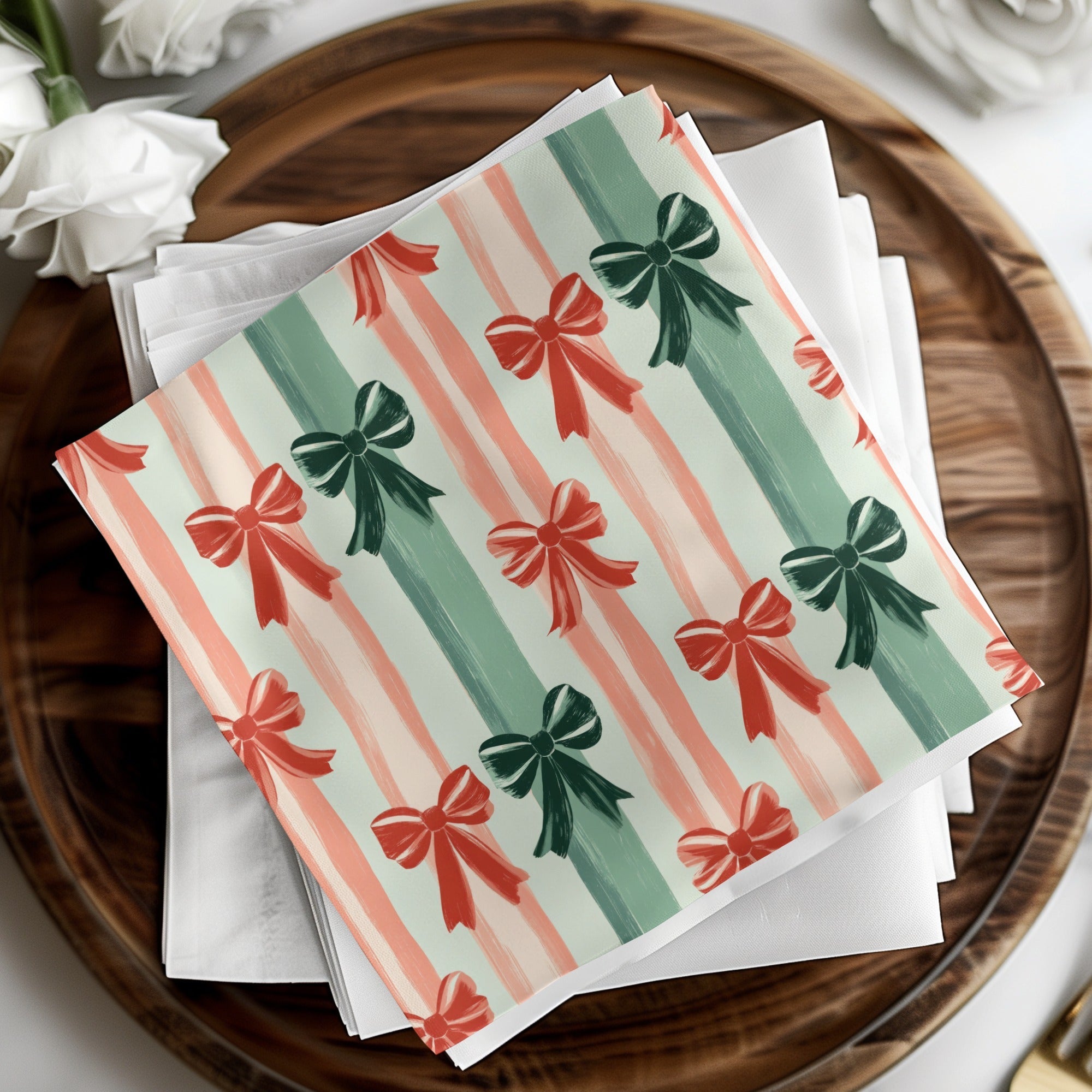 Coquette Christmas Bow and Stripes Seamless Pattern Christmas Colors Digital - Moore and Mountain