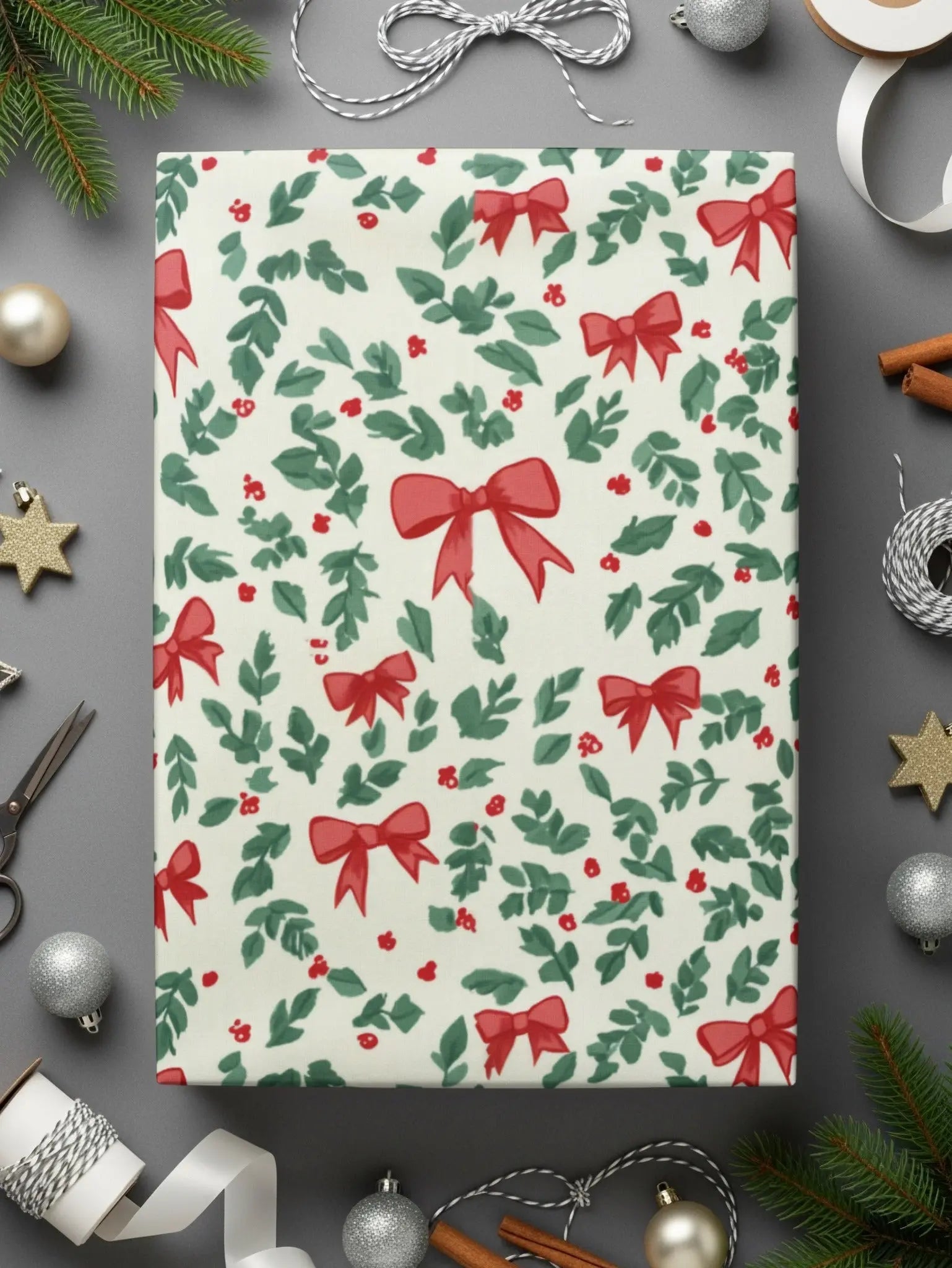 Coquette Christmas Digital Paper, Holly Bow Pattern, Seamless Festive Design, Holiday Scrapbook Paper, Winter Background, Digital Download - Moore and Mountain