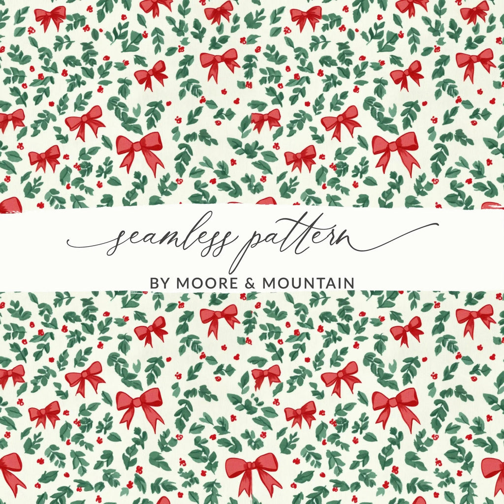 Coquette Christmas Digital Paper, Holly Bow Pattern, Seamless Festive Design, Holiday Scrapbook Paper, Winter Background, Digital Download - Moore and Mountain
